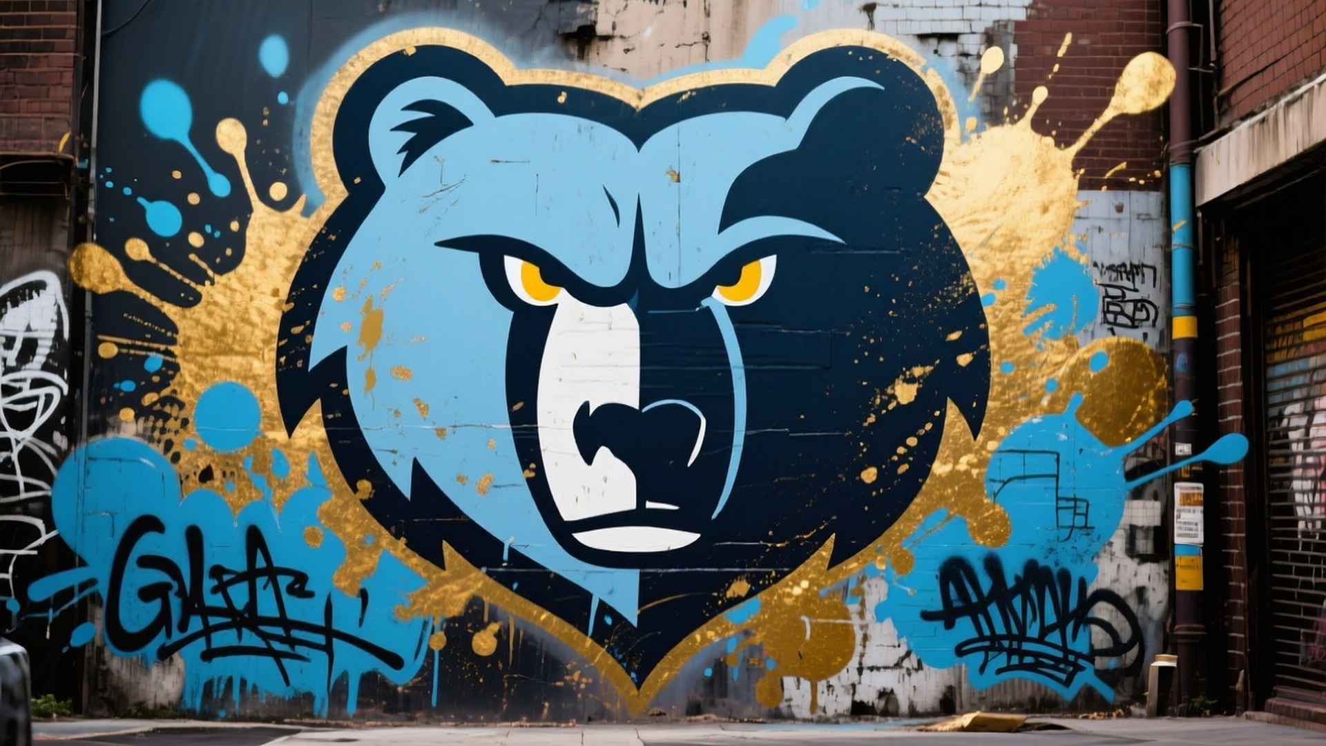 Gritty Grizzly Mascot 壁紙 — 一幅帶有潑濺效果的兇猛藍金熊頭塗鴉壁畫，主宰著一條風化的都市小巷牆壁。