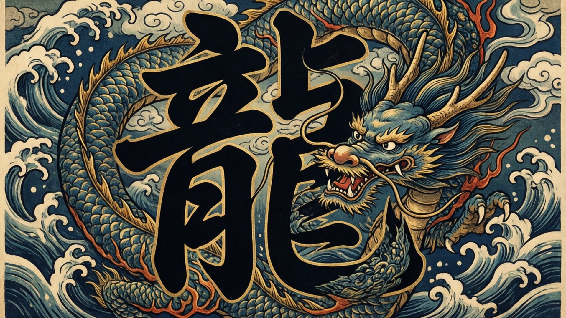 Kanji 桌布 壁紙 — 一條兇猛的藍龍纏繞著一個巨大的黑色漢字「龍」，在洶湧的海浪中。