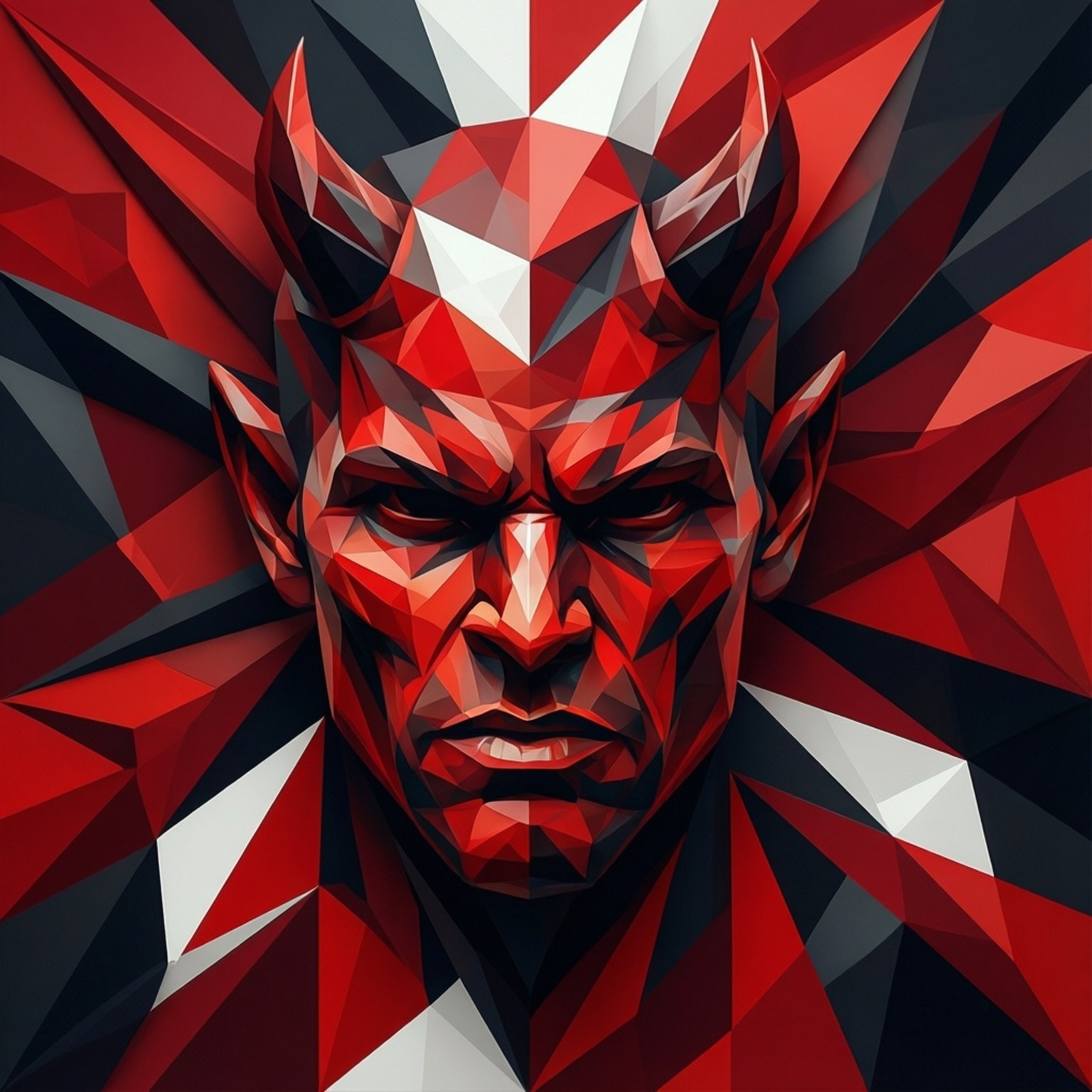 Geometric Devil Pattern 壁紙 — 一個兇猛的惡魔面孔，以大膽的紅、白、黑幾何切面呈現，帶有尖銳的角狀角和強烈的凝視。