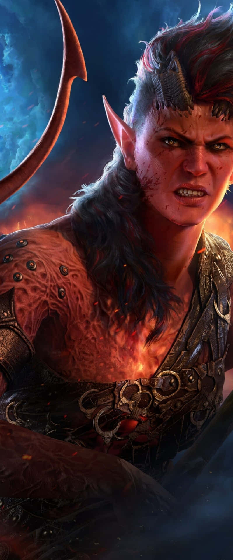  壁紙 — 一個兇猛的惡魔戰士，眼睛發光，胸甲燃燒，在宇宙背景下強烈凝視。