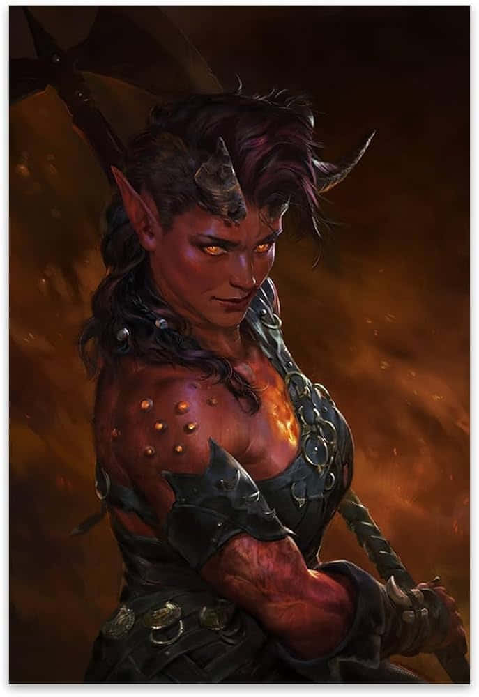 Baldur's Gate 3 Phone 桌布 壁紙 — 一個兇猛的惡魔戰士，擁有發光的橙色眼睛和角，在熾熱的背景中緊握著一把巨大的斧頭。