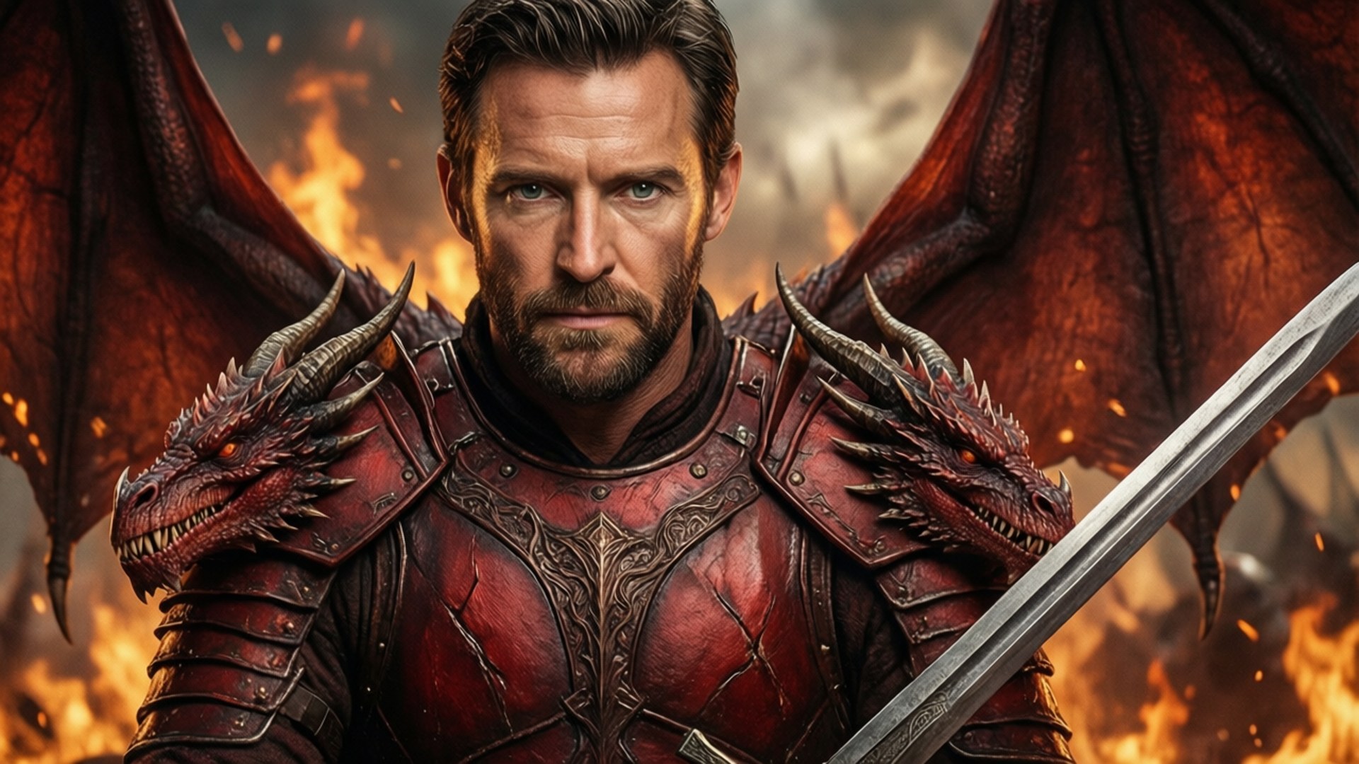 Red Dragon Armor 壁紙 — 一個兇猛的龍騎士，身穿華麗的紅色盔甲，肩上帶有龍頭，站在火焰前手持劍。