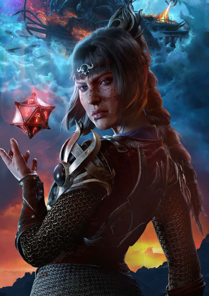 Baldur's Gate 3 Phone 桌布 壁紙 — 一位兇猛的奇幻戰士身穿華麗盔甲，在戲劇性的天空下，手持發光的紅色d20骰子，背景有漂浮的廢墟和火雲。