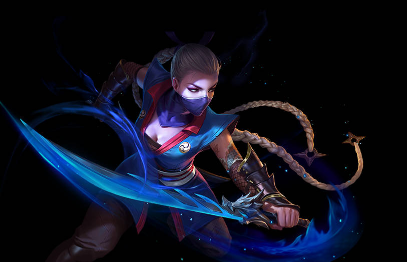 身穿藍紅服裝的女忍者戰士揮舞著發光的劍和鞭子。 — Free Fire 壁紙