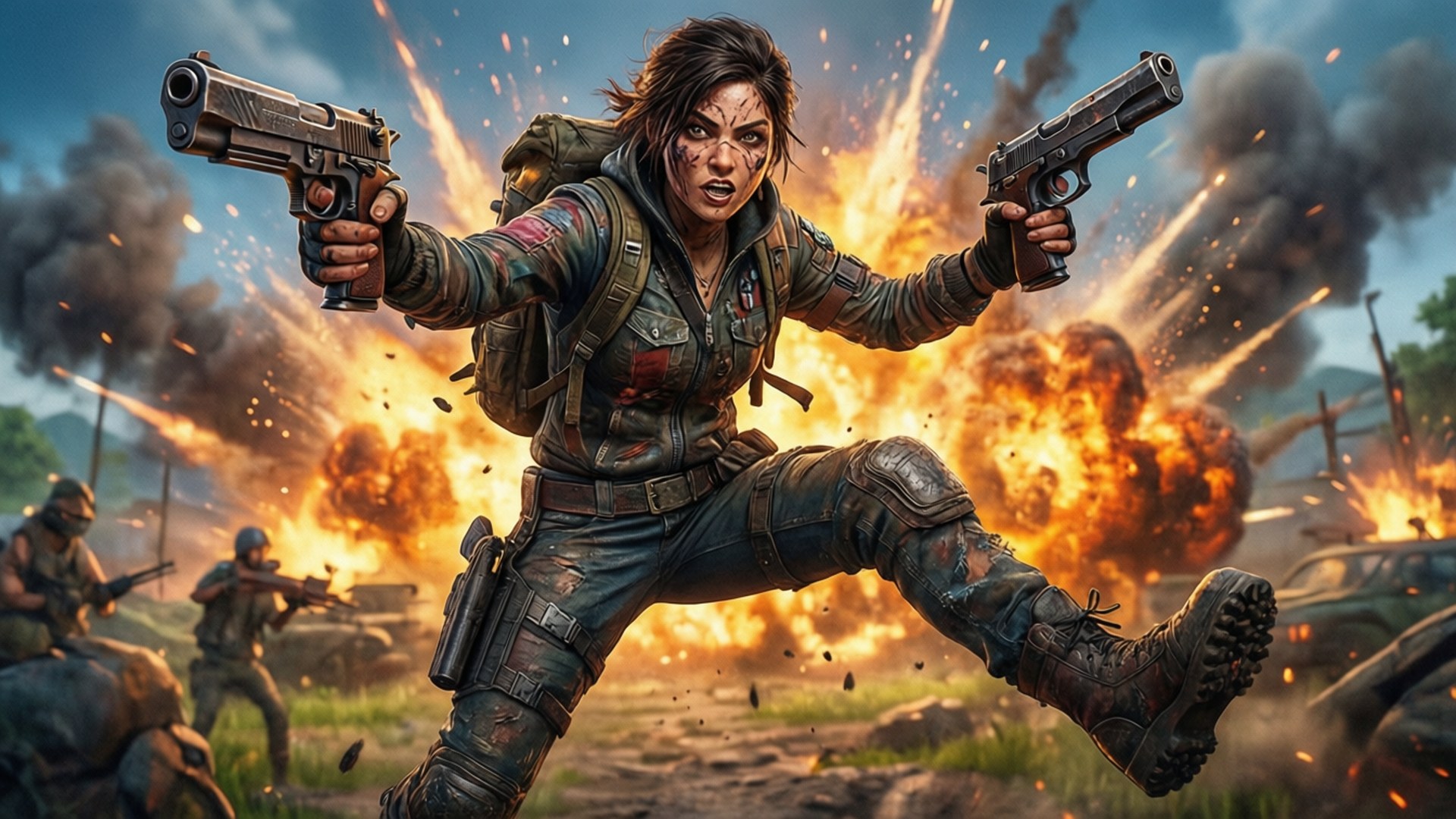Battlefield Calamity 壁紙 — 一名兇猛的女兵手持雙槍向前衝鋒，身後爆炸在混亂的戰場上爆發。