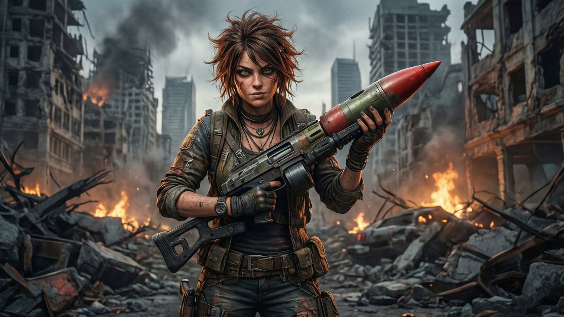 Apocalyptic Ruins Calamity 壁紙 — 一名頭髮狂野的兇猛女兵在燃燒的瓦礫和崩塌的摩天大樓中手持火箭發射器。