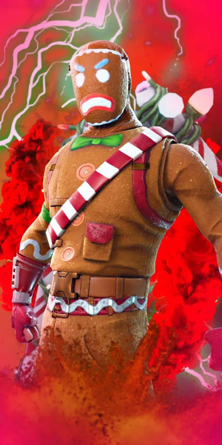 薑餅士兵帶著拐杖糖裝備，站在火紅的閃電風暴中。 — Fortnite 壁紙