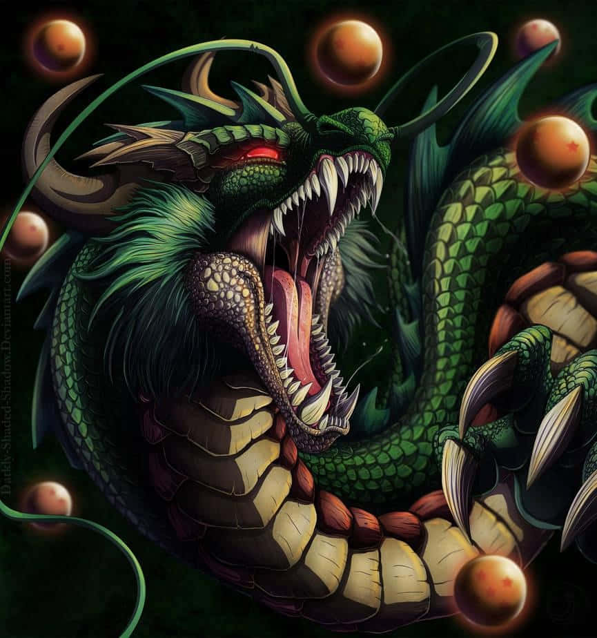  壁紙 — 一條兇猛的綠色巨龍，擁有發光的紅色眼睛，在黑暗背景中漂浮的橙色球體之間咆哮。
