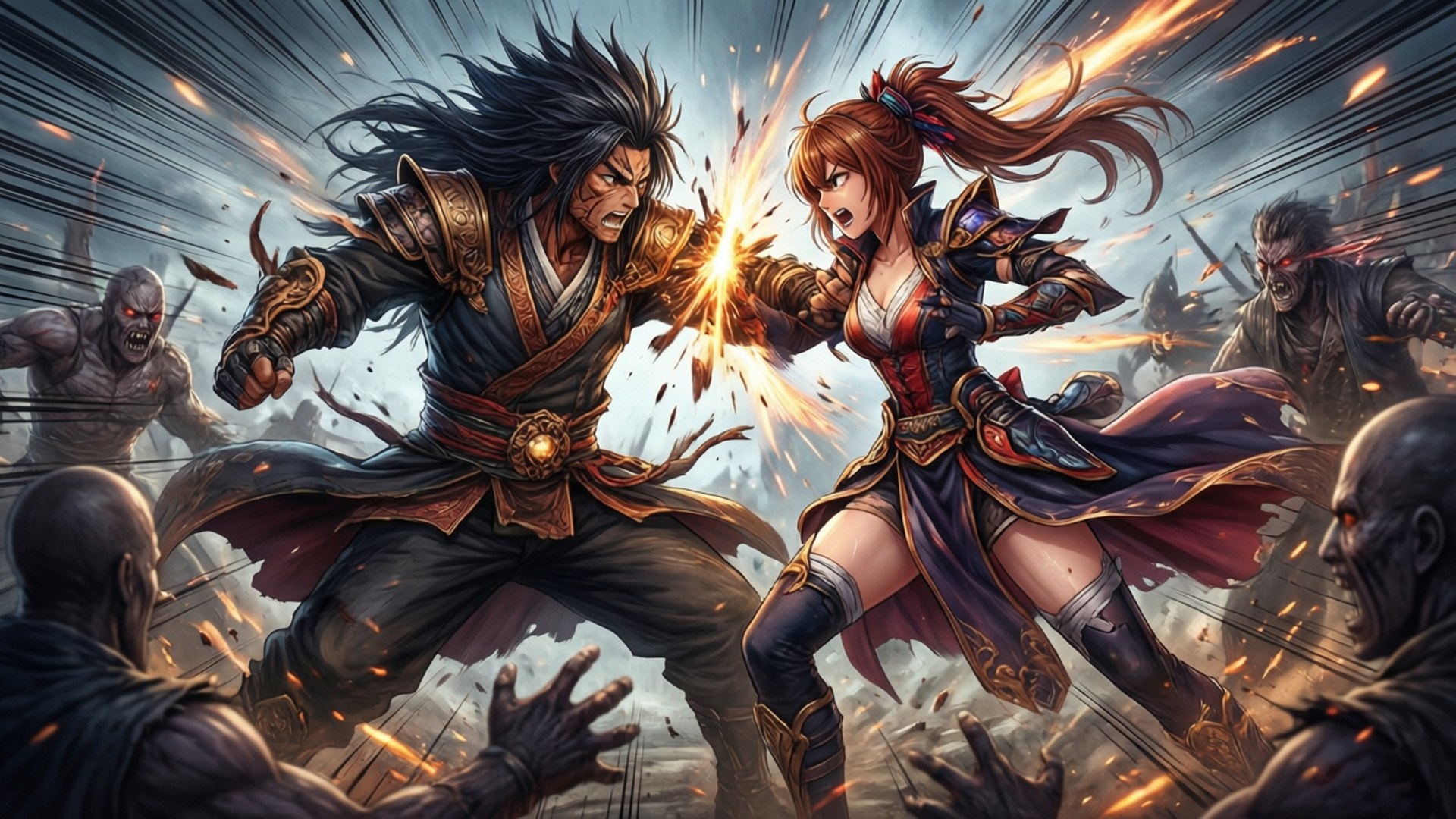 Battle Cry 壁紙 — 一名兇猛的男性和女性戰士在半空中碰撞，拳頭發光，周圍環繞著惡魔敵人和飛揚的碎片。