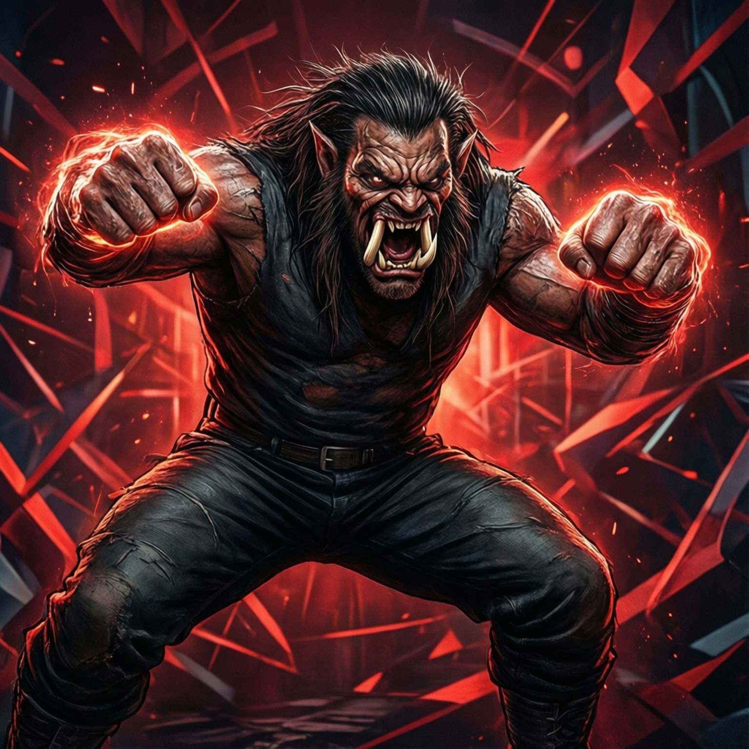 Ready to Strike 壁紙 — 一個兇猛的獸人戰士在黑暗熾熱的競技場中，於破碎的紅色水晶碎片間咆哮，拳頭發光。