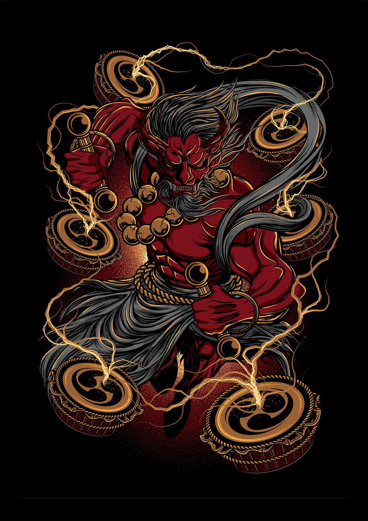  壁紙 — 一個兇猛的紅色惡魔，飄逸的黑髮和金色閃電環繞著他，在黑暗背景上的華麗圓形圖案中。