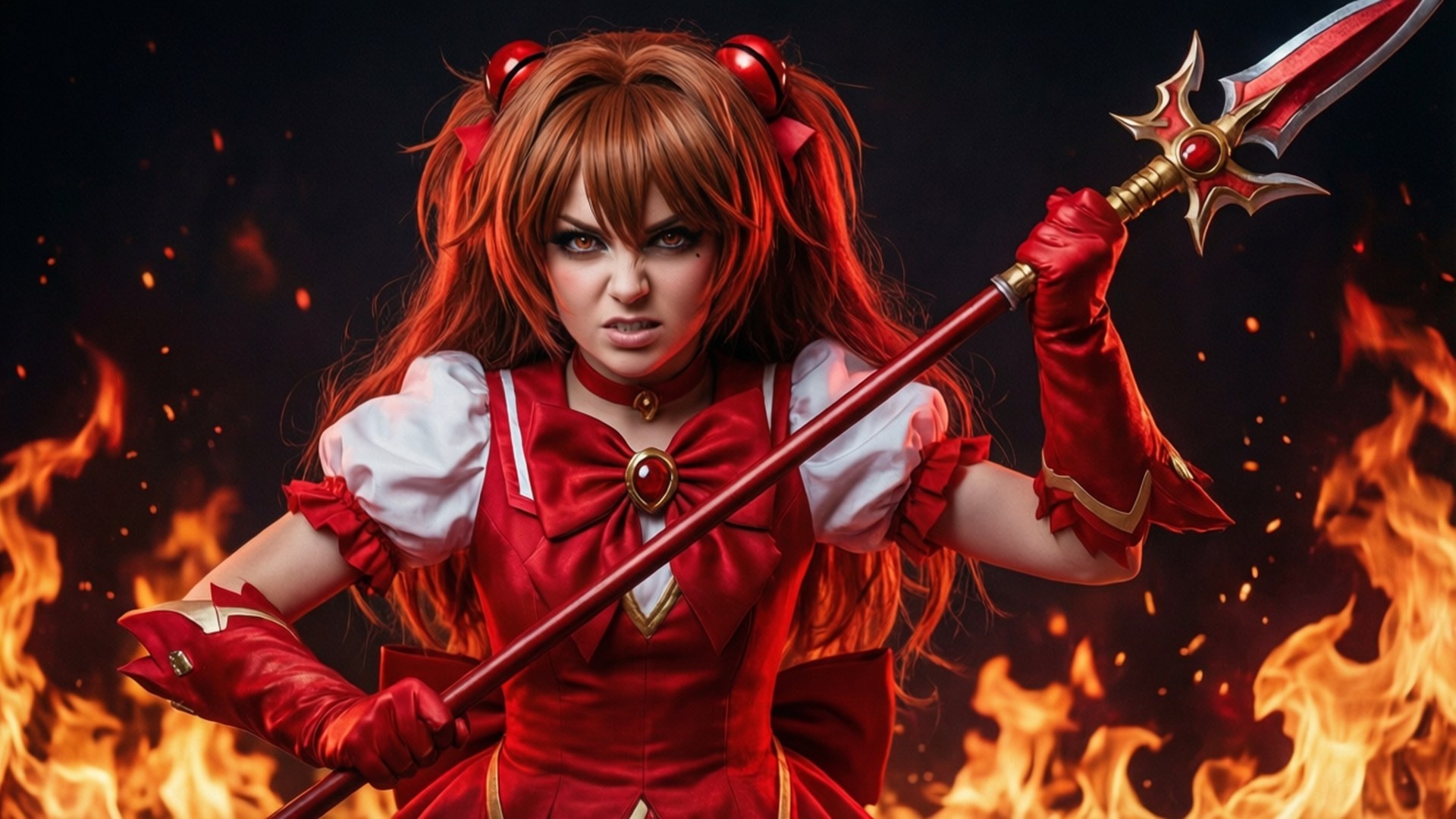 Fiery Kyoko 壁紙 — 一位兇猛的紅髮戰士身穿紅白服裝，在熊熊烈火背景下揮舞著火焰劍。