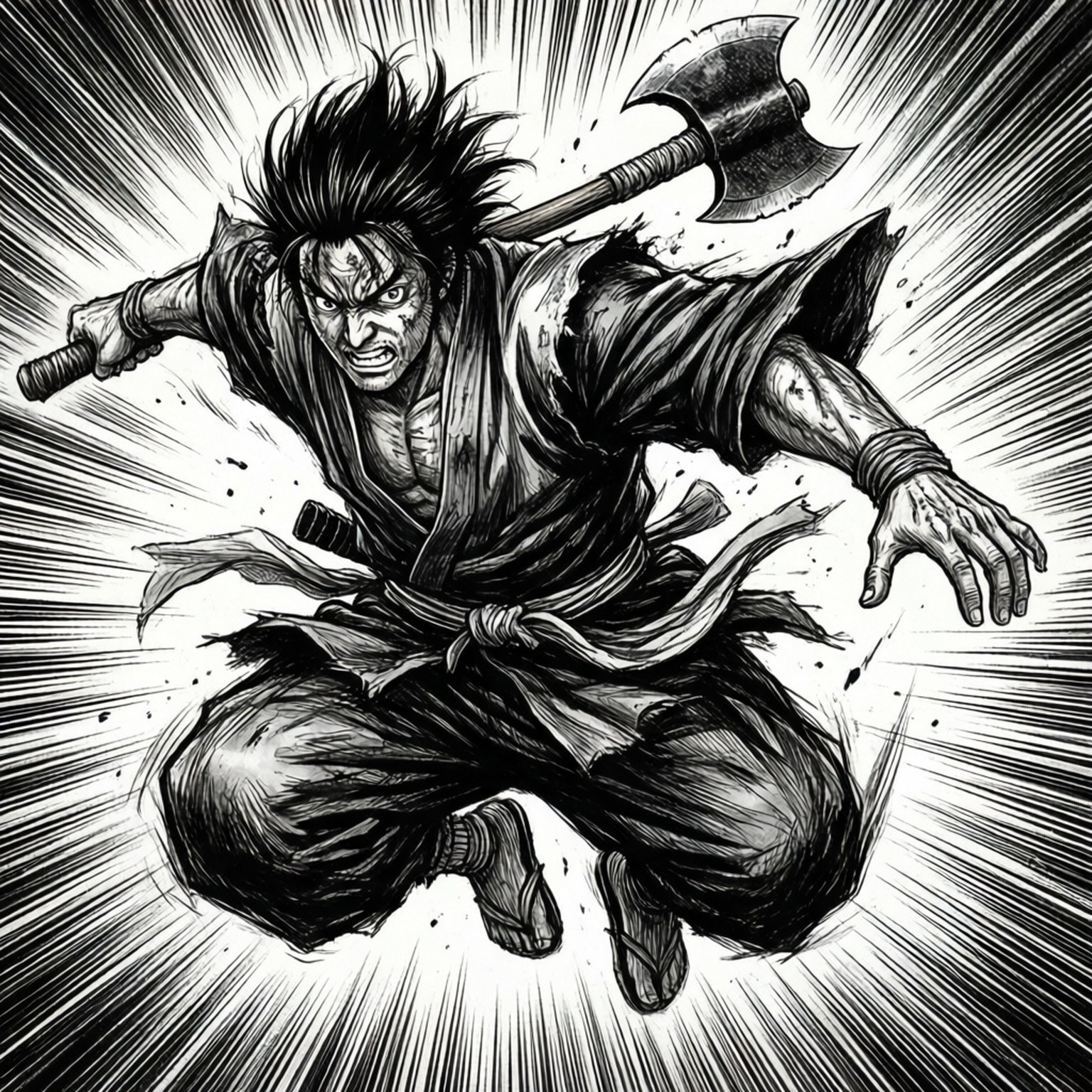 Stone's Fury 壁紙 — 一個兇猛的武士戰士向前躍進，肩上扛著斧頭，背景是放射狀的黑白背景。