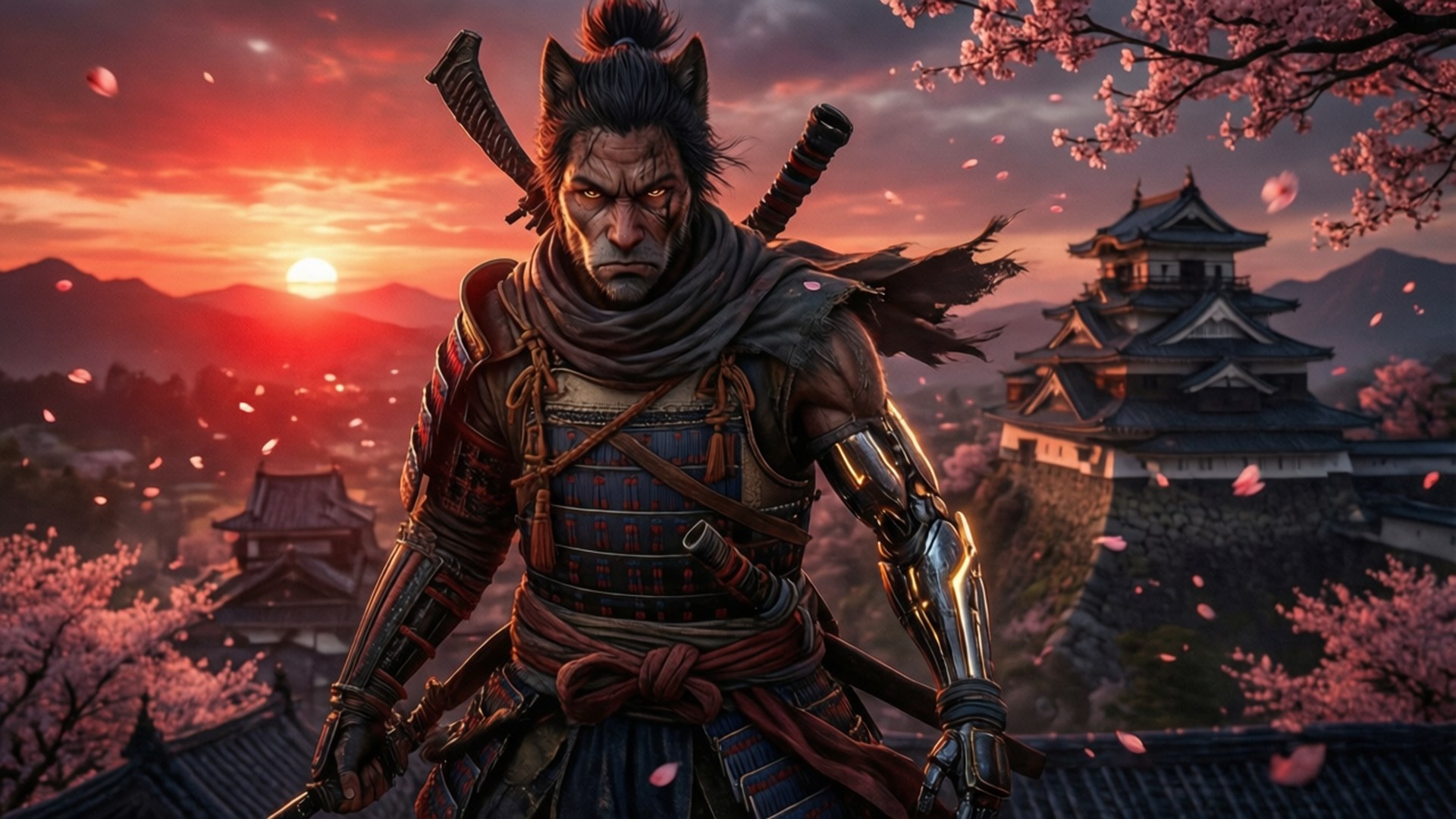 Wolf at Ashina Castle 壁紙 — 一個帶有貓耳和機械臂的兇猛武士站在城堡前，夕陽下櫻花飄落。