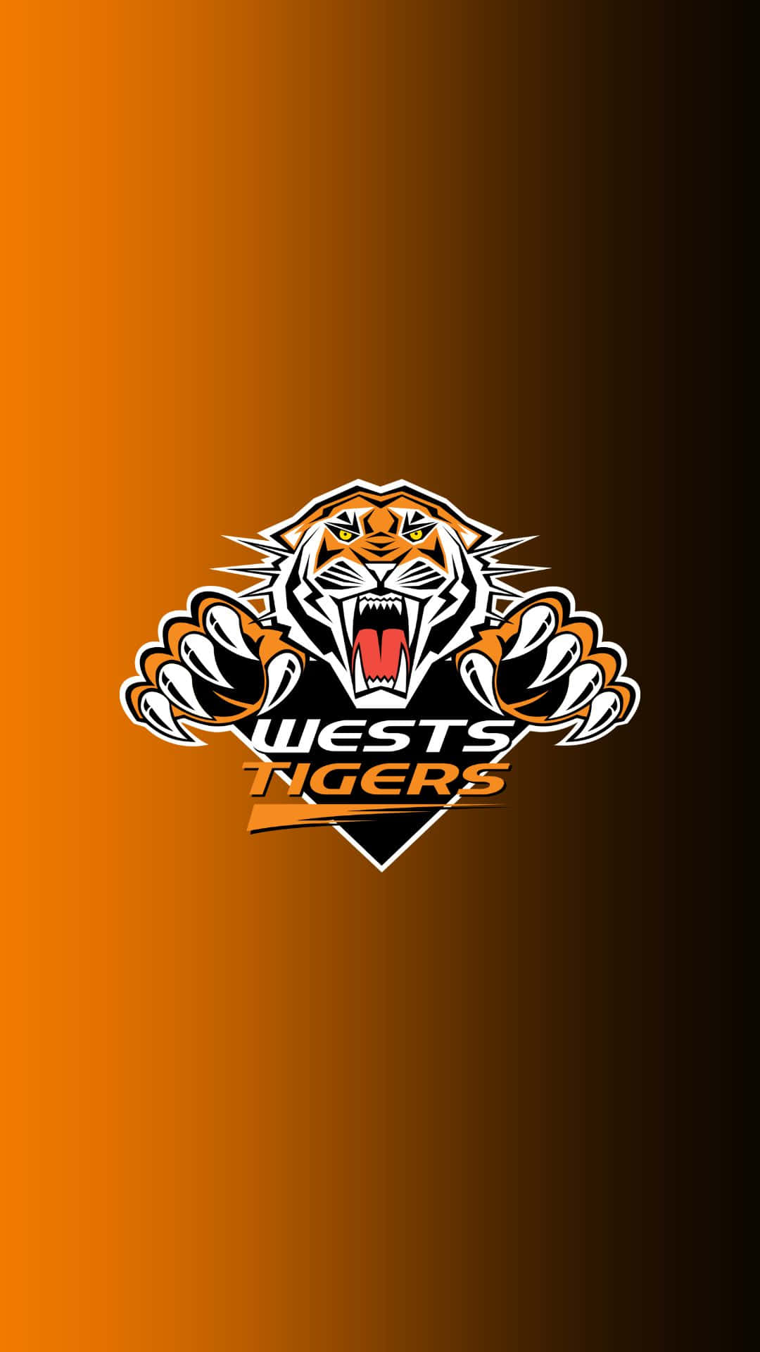 Wests Tigers 桌布 壁紙 — 一個兇猛的老虎吉祥物標誌，爪子伸出，在橙色和黑色漸變背景上咆哮。