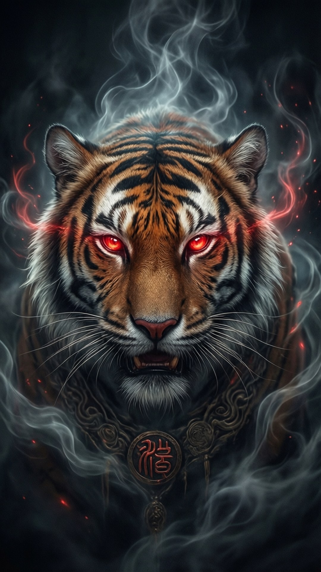 Seal of Power 壁紙 — 一頭兇猛的老虎，有著發光的紅眼睛和華麗的項圈，從黑暗背景中旋轉的煙霧中出現。