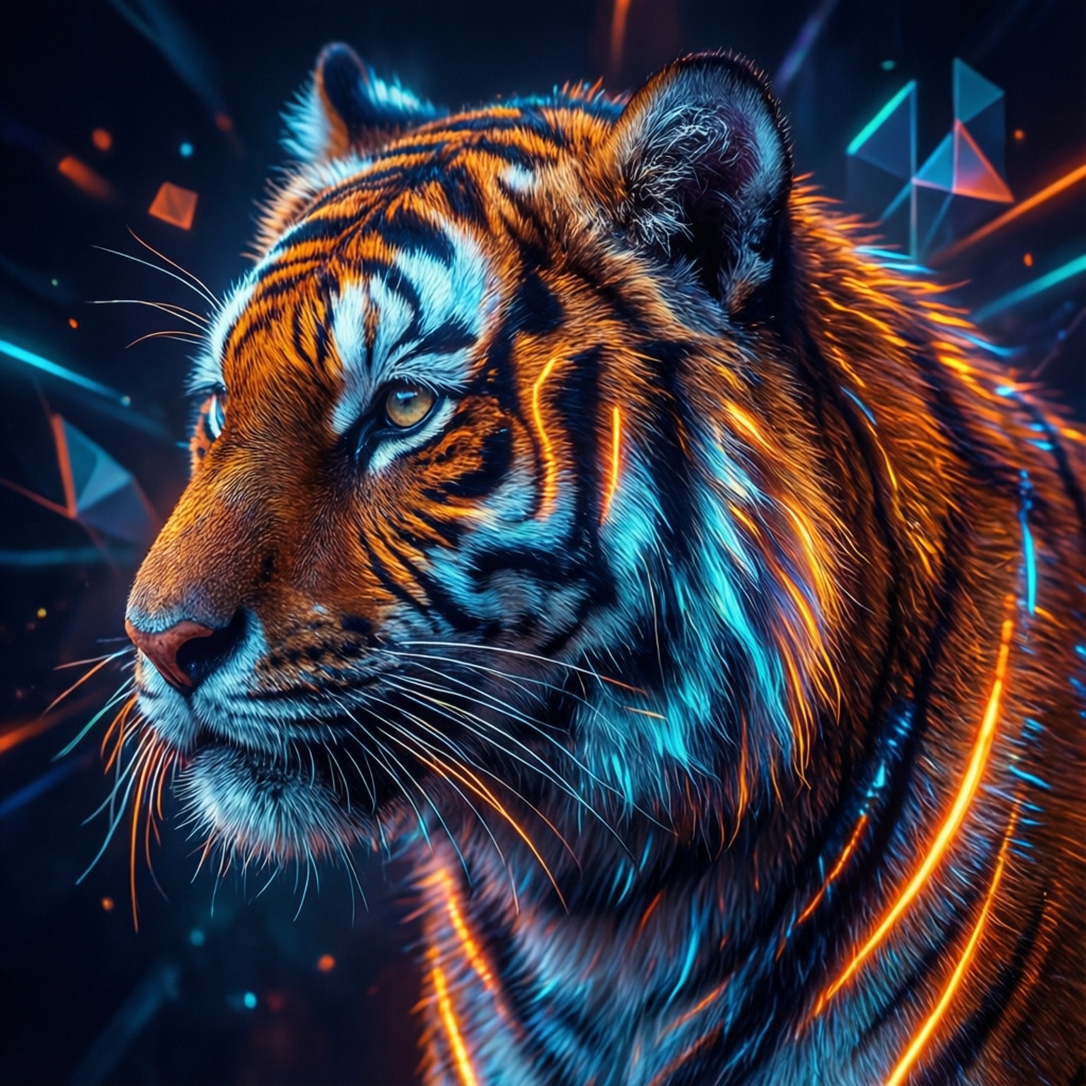 Neon Tiger 壁紙 — 一個兇猛的老虎頭部在黑暗的幾何背景上發出霓虹橙色和電光藍色的條紋光芒。