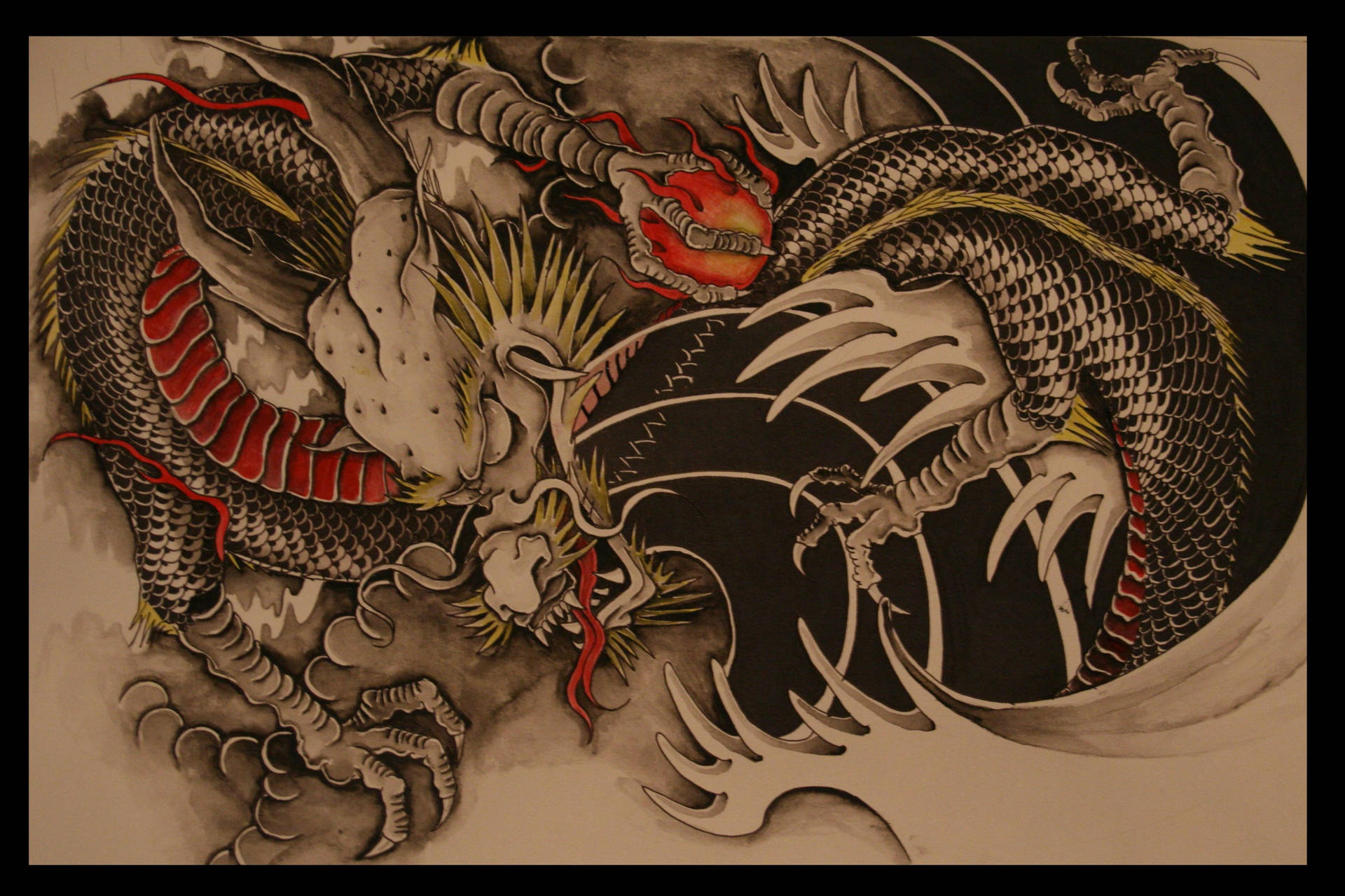 一隻風格化的日本龍，帶有紅色和黃色點綴，以動態姿勢盤繞。 — 日式龍 壁紙