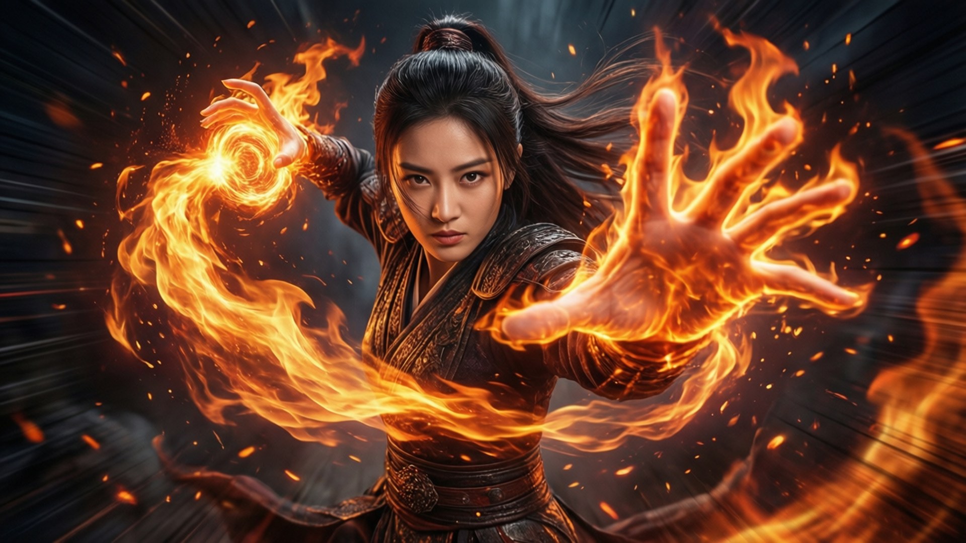 Yanfei 桌布 壁紙 — 一位兇猛的女戰士在黑暗動態背景中，用發光的雙手引導熾熱的火焰魔法。