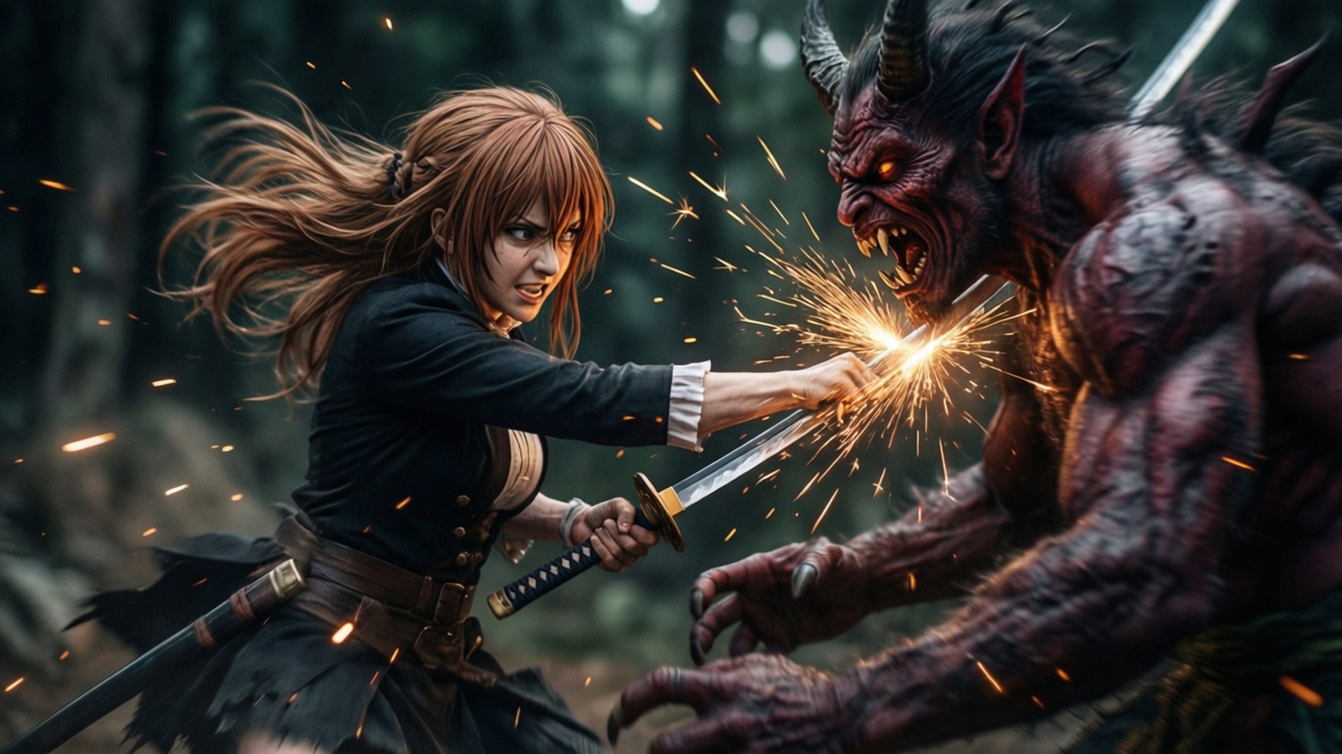 Eris vs Demon 壁紙 — 一位兇猛的女戰士在黑暗的森林中與一隻有角的惡魔野獸交鋒，火花四濺。