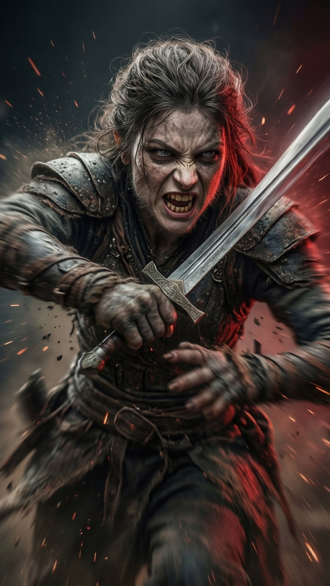Eris Charging 壁紙 — 一位凶猛的女戰士身穿戰鬥盔甲，手持發光的劍向前衝刺，火花在她周圍飛舞，場景黑暗而戲劇化。