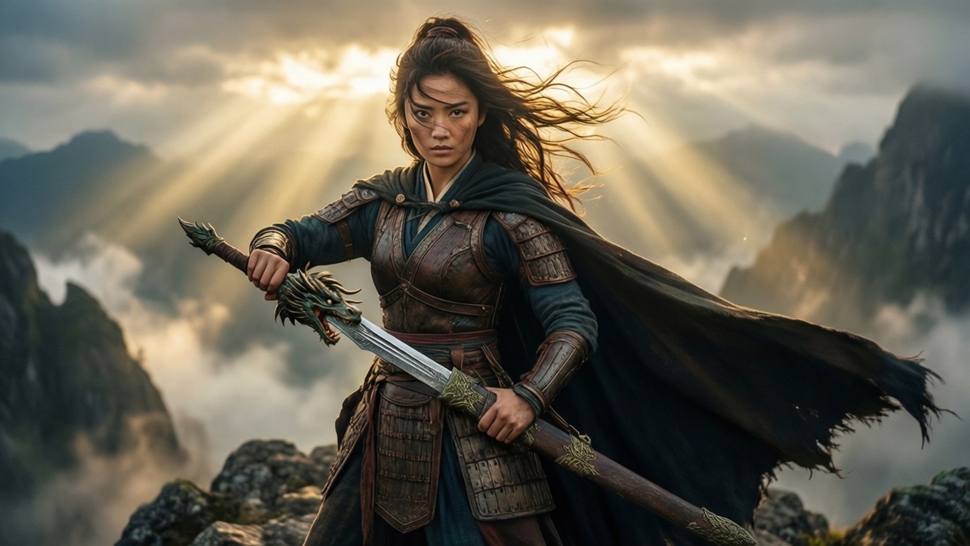 Mountain Hero 壁紙 — 一位身穿精細盔甲的兇猛女戰士站在霧氣繚繞的山頂上，手持一把劍，身後金色的陽光穿透雲層。