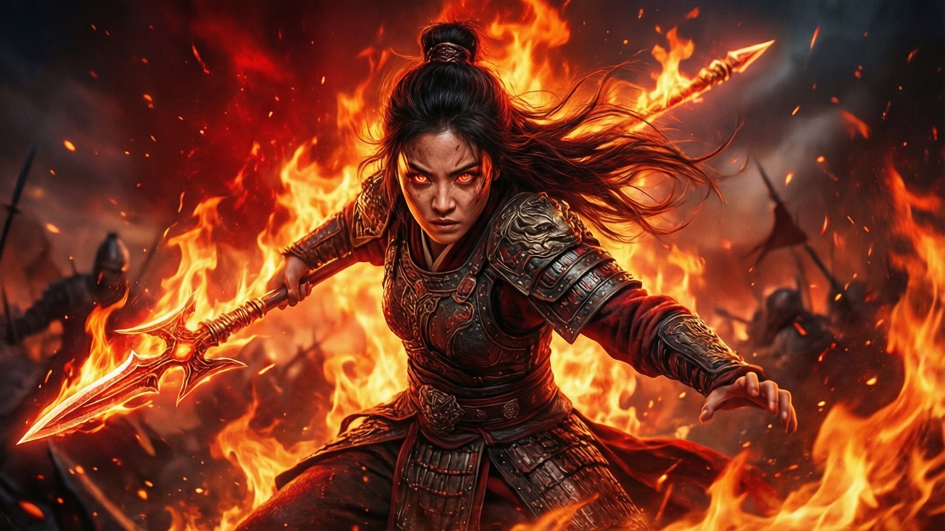 Flame Spear Fury 壁紙 — 一位凶猛的女戰士身穿華麗盔甲，在咆哮的火焰和煙霧中揮舞著火焰長矛。