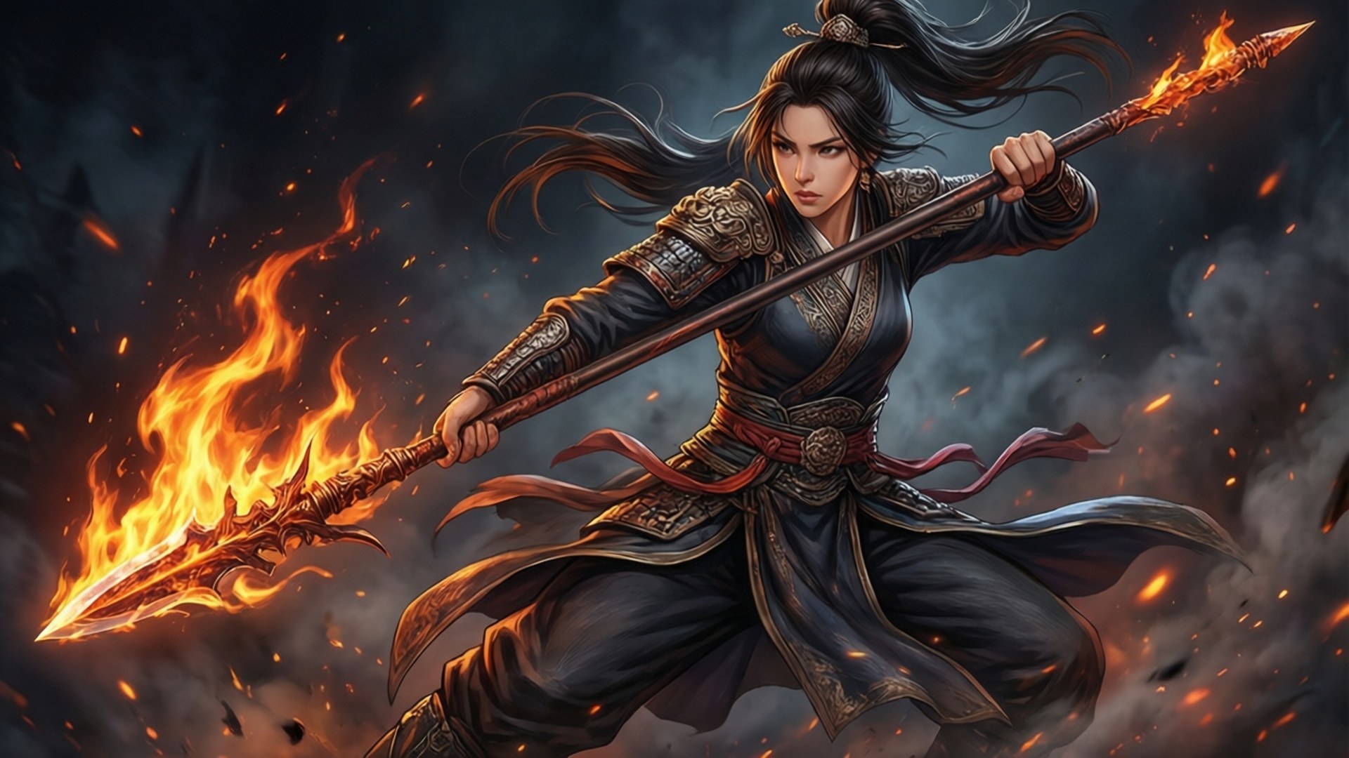 Blazing Combat 壁紙 — 一位兇猛的女戰士身穿華麗的暗色盔甲，在旋轉的餘燼和煙霧中揮舞著火焰長矛。