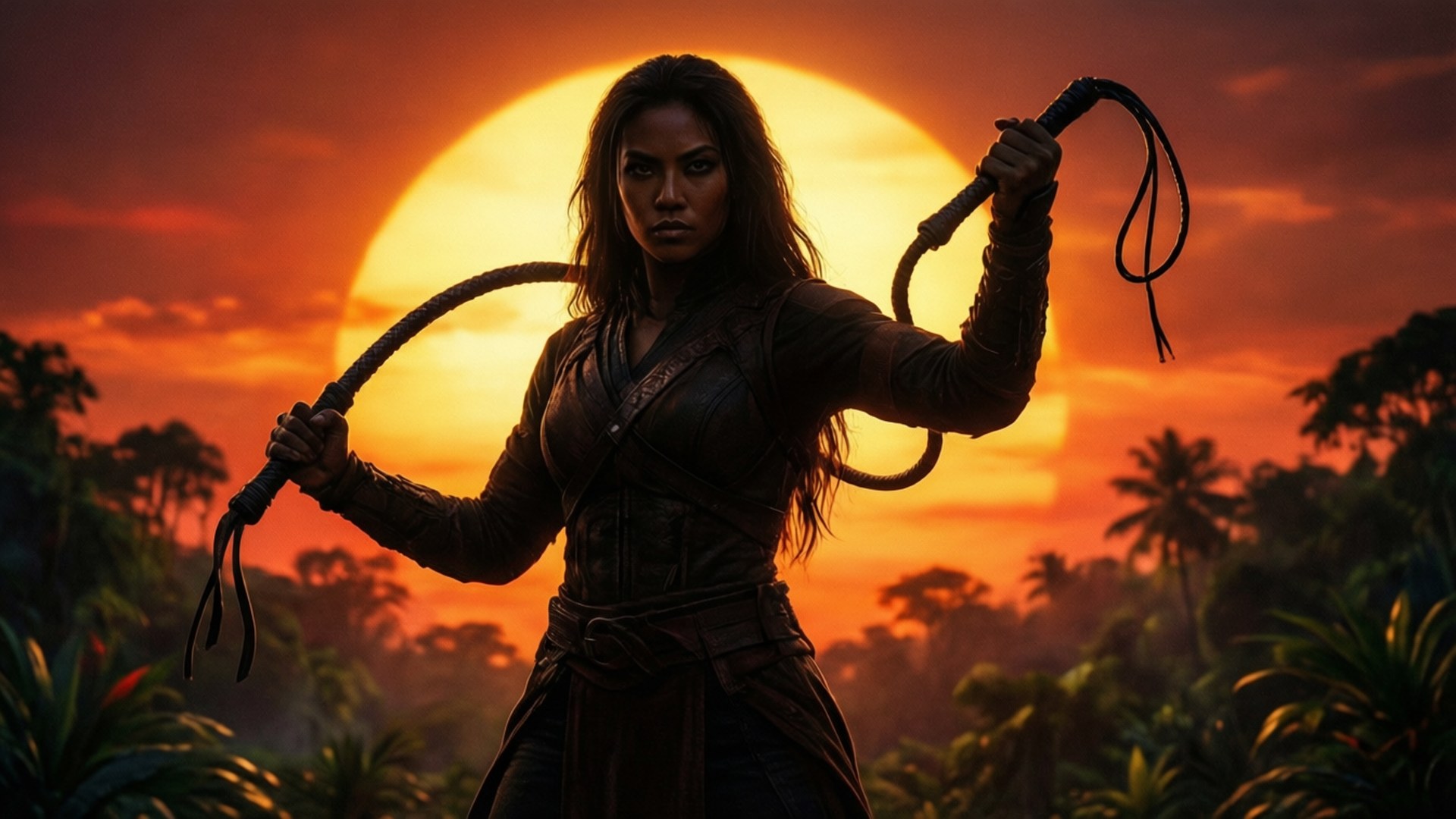 Tygra at Sunset 壁紙 — 一位凶猛的女戰士在熱帶叢林上揮舞鞭子，背景是熾熱的日落。