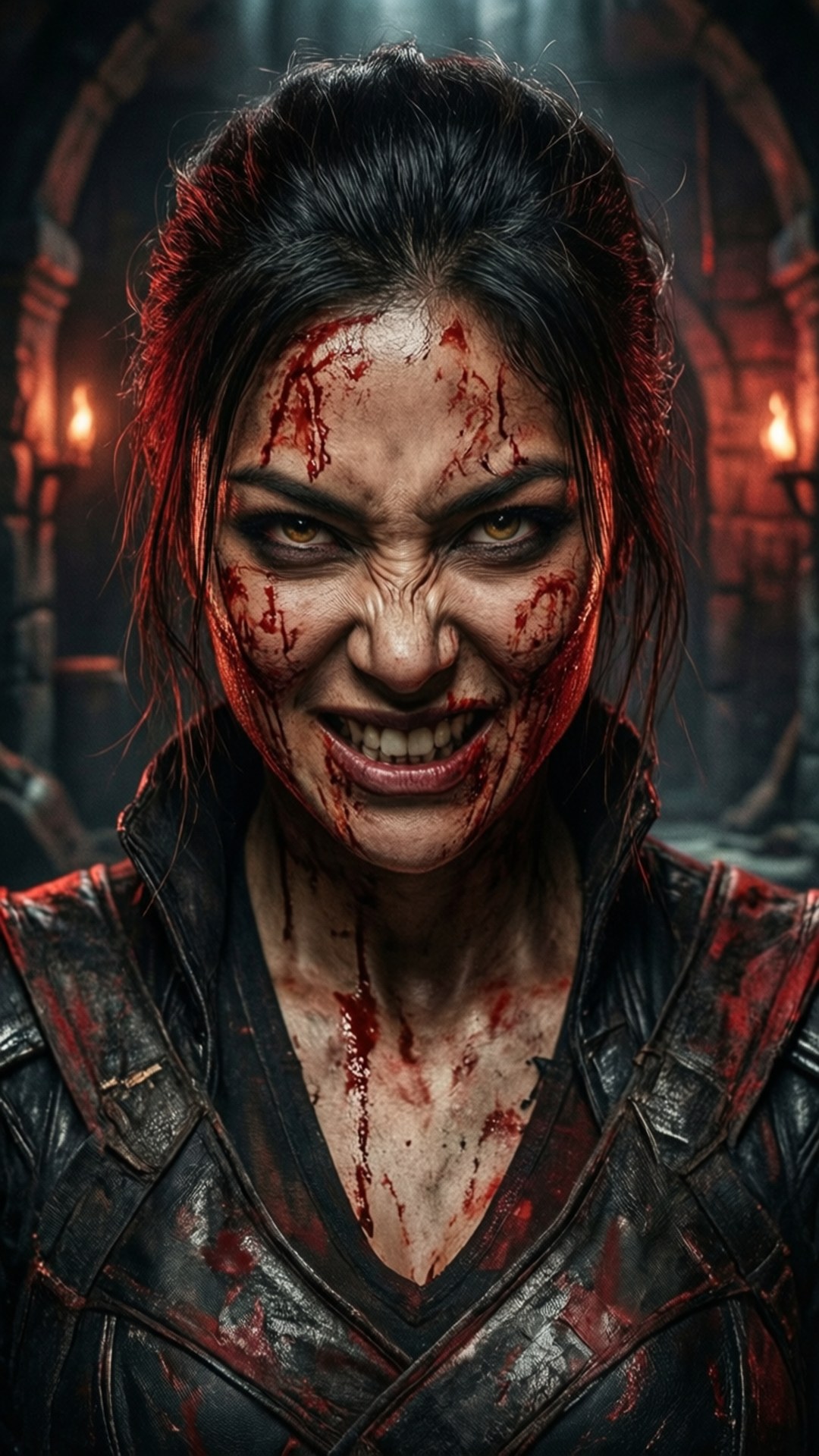 Mortal Kombat X 桌布 壁紙 — 一位面容血污、身穿皮甲的女戰士在昏暗的石牢中凝視著。