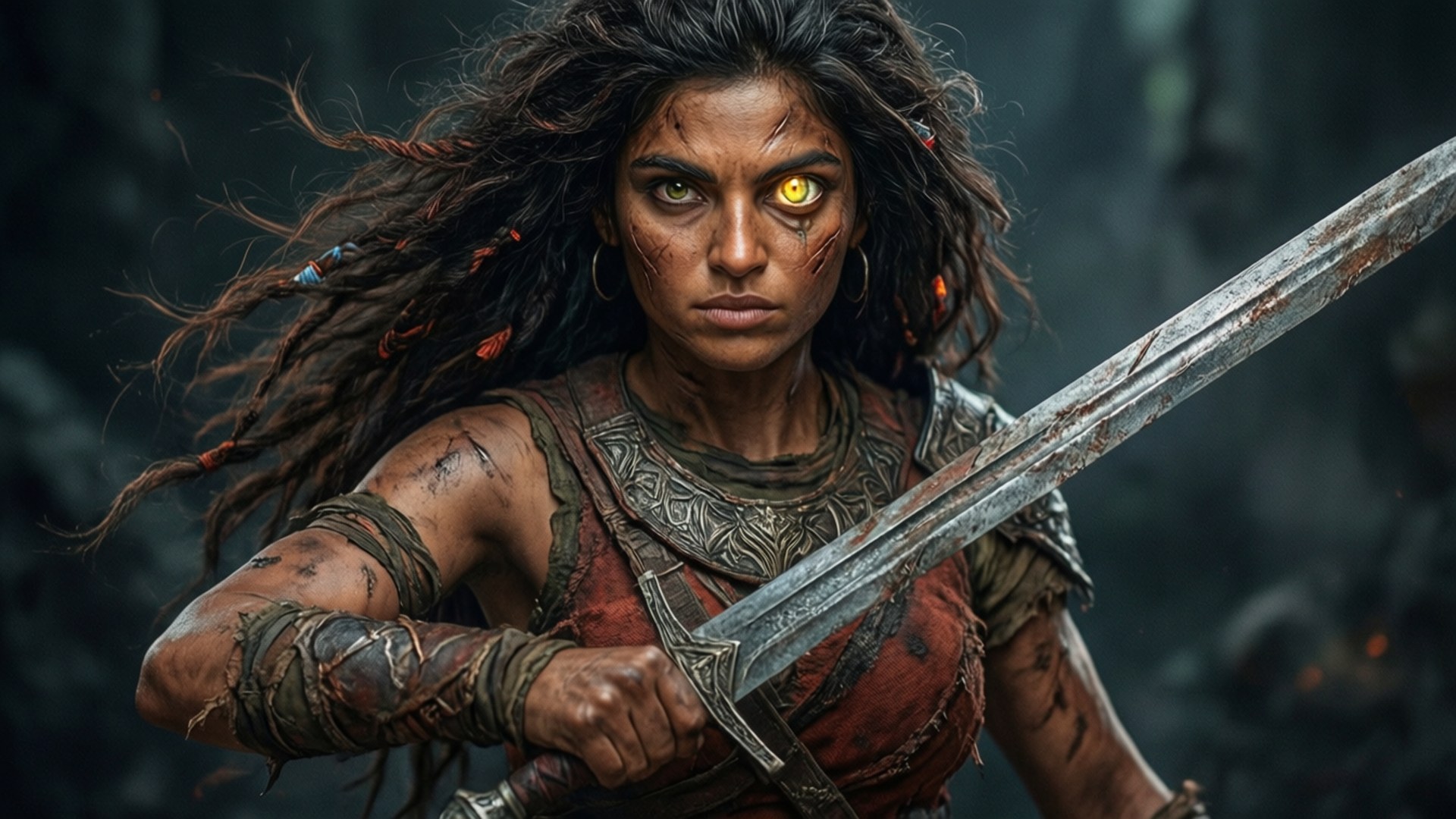 Warrior Leela 壁紙 — 一位兇猛的女戰士，有著發光的黃色眼睛和狂野的頭髮，在黑暗霧濛濛的森林中握著劍。