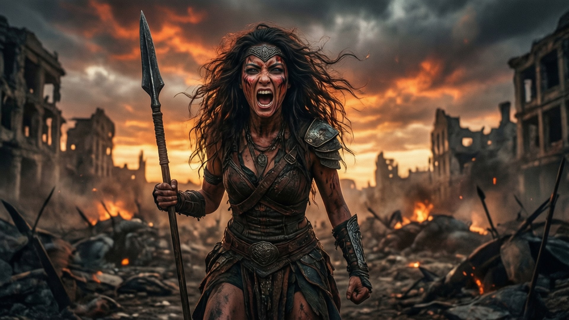 Apocalypse Warrior 壁紙 — 一位兇猛的女戰士，頭髮狂野，帶有戰鬥傷疤，在燃燒的廢墟中揮舞長矛，在熾熱的橙色天空下咆哮。
