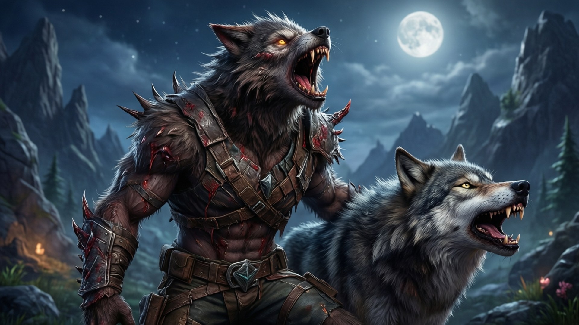 Howling at the Moon 壁紙 — 一隻兇猛的狼人穿著尖刺盔甲，在滿月下的山區夜景中與一隻狼一起咆哮。