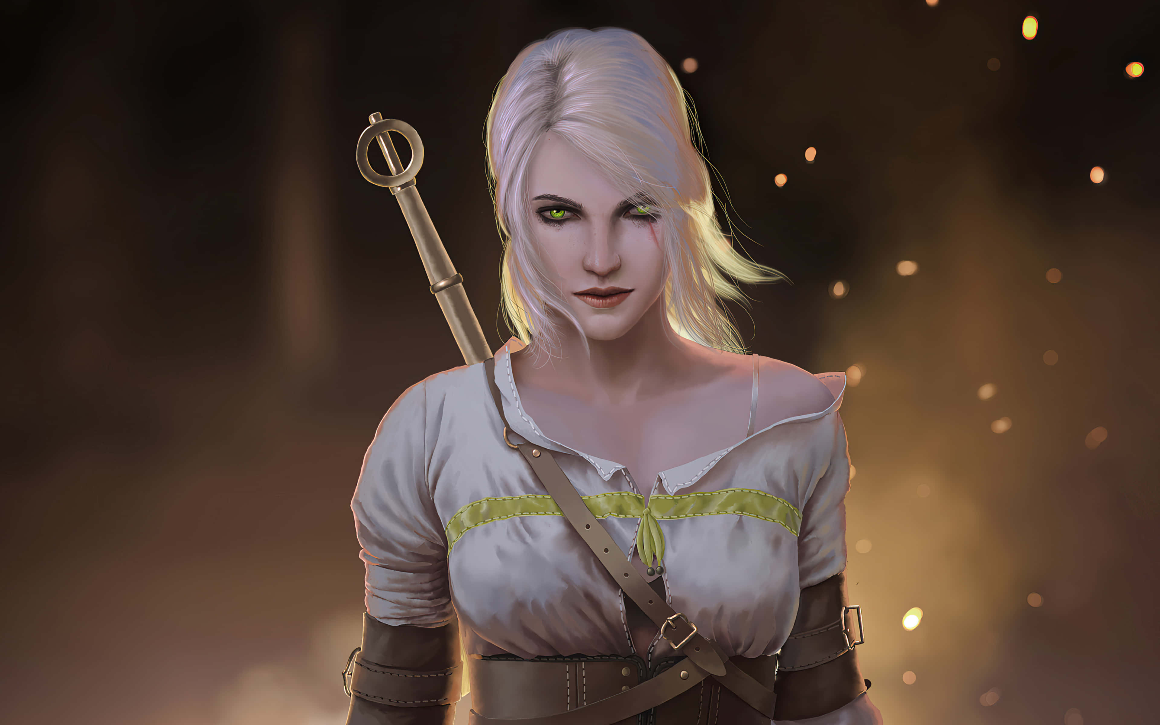 Ciri 桌布 壁紙 — 一位兇猛的白髮女巫，擁有發光的綠色眼睛，肩上掛著一把劍，站在黃昏時溫暖的金色森林中。