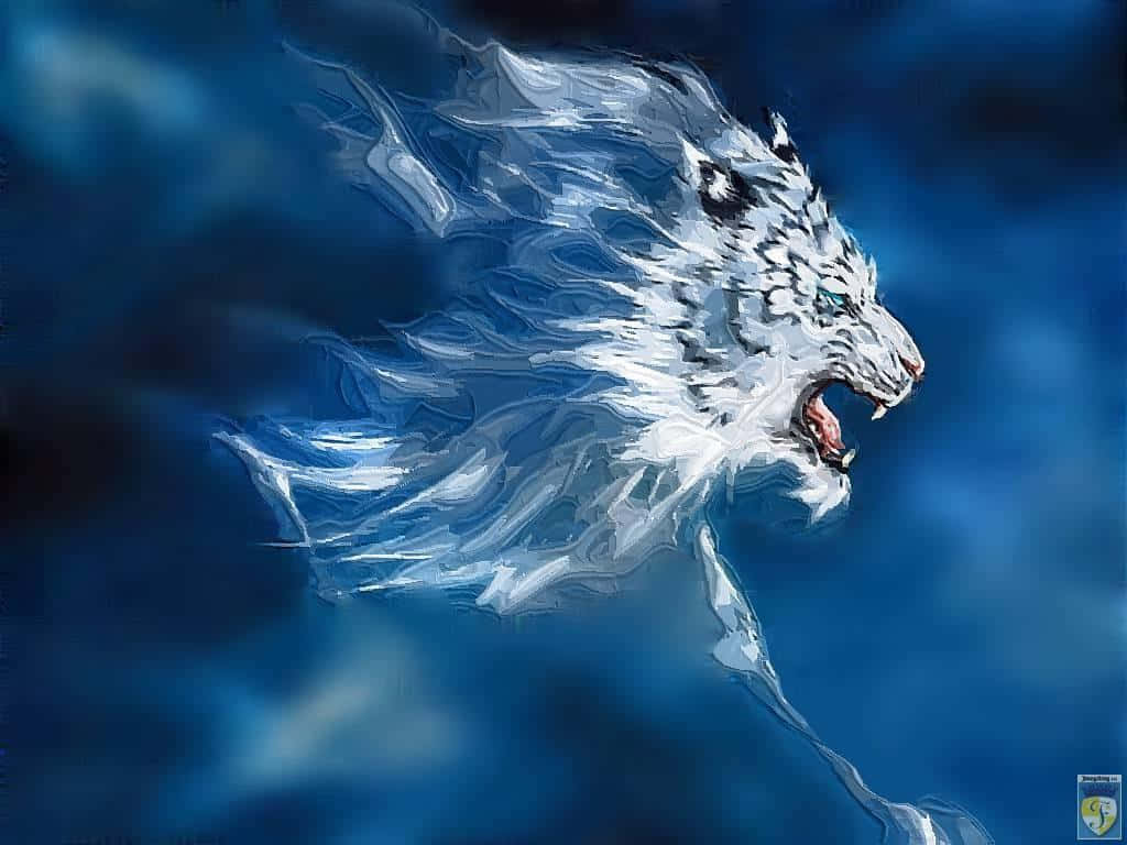 Mythical Wolf 桌布 壁紙 — 一隻兇猛的白虎咆哮著，冰霜般的毛髮如風般飄動，映襯著深藍色的暴風雨天空。