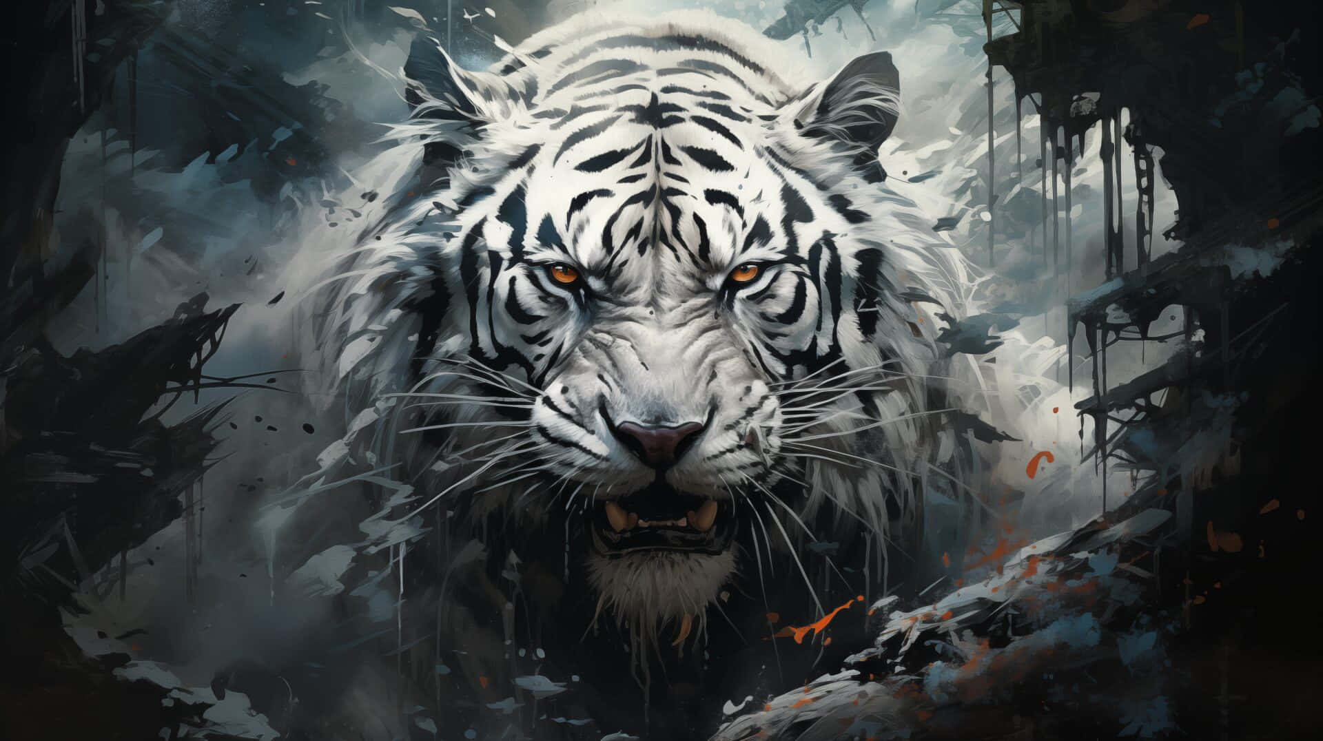  壁紙 — 一隻兇猛的白虎，琥珀色發光的眼睛，從暴風雨、黑暗、滴著樹枝的森林中強烈地凝視著。