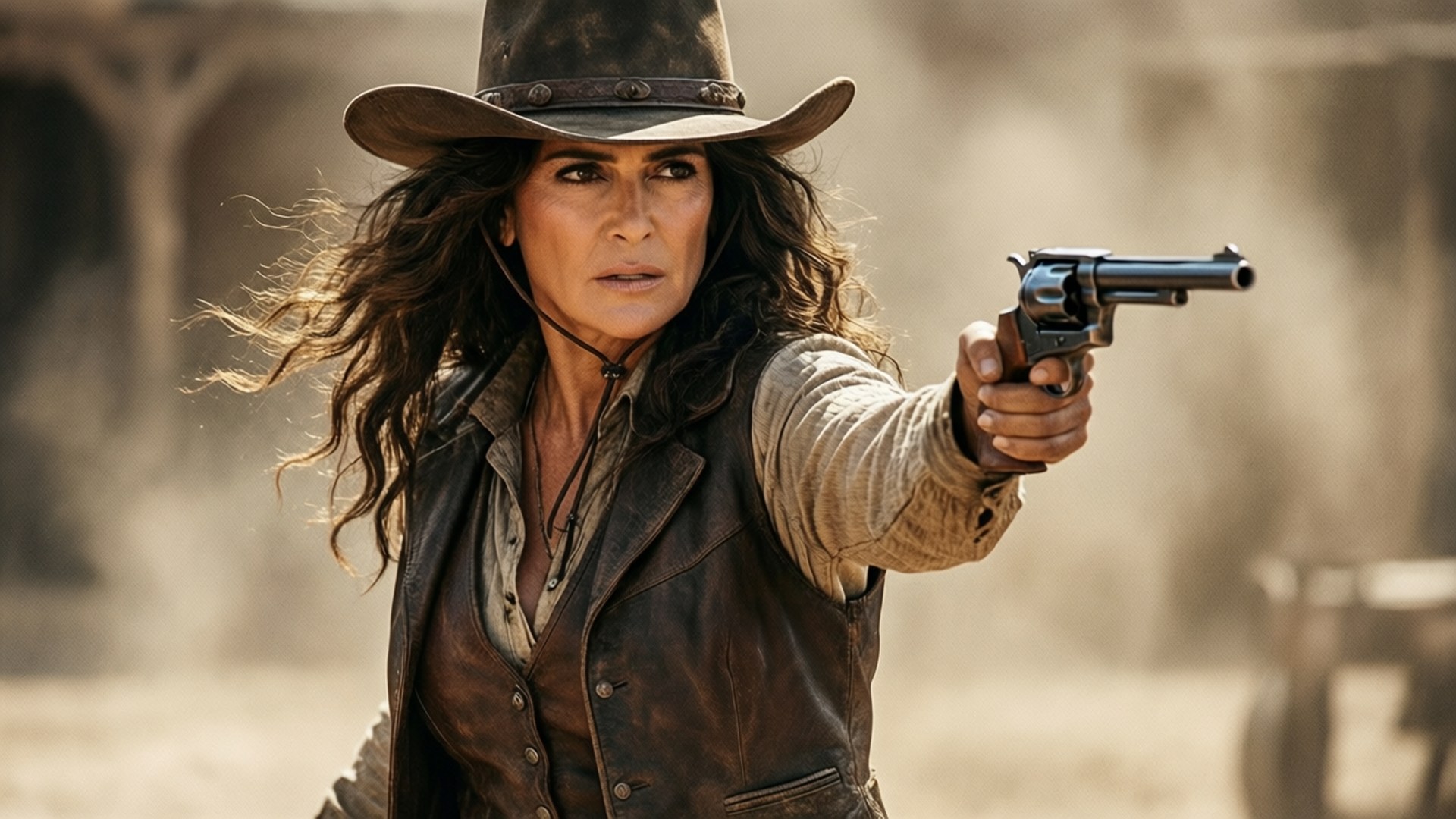 Salma Hayek Bandidas Bandit 壁紙 — 一個穿著破舊牛仔帽和皮背心的兇猛女人，在塵土飛揚的西部場景中，專注地瞄準左輪手槍。