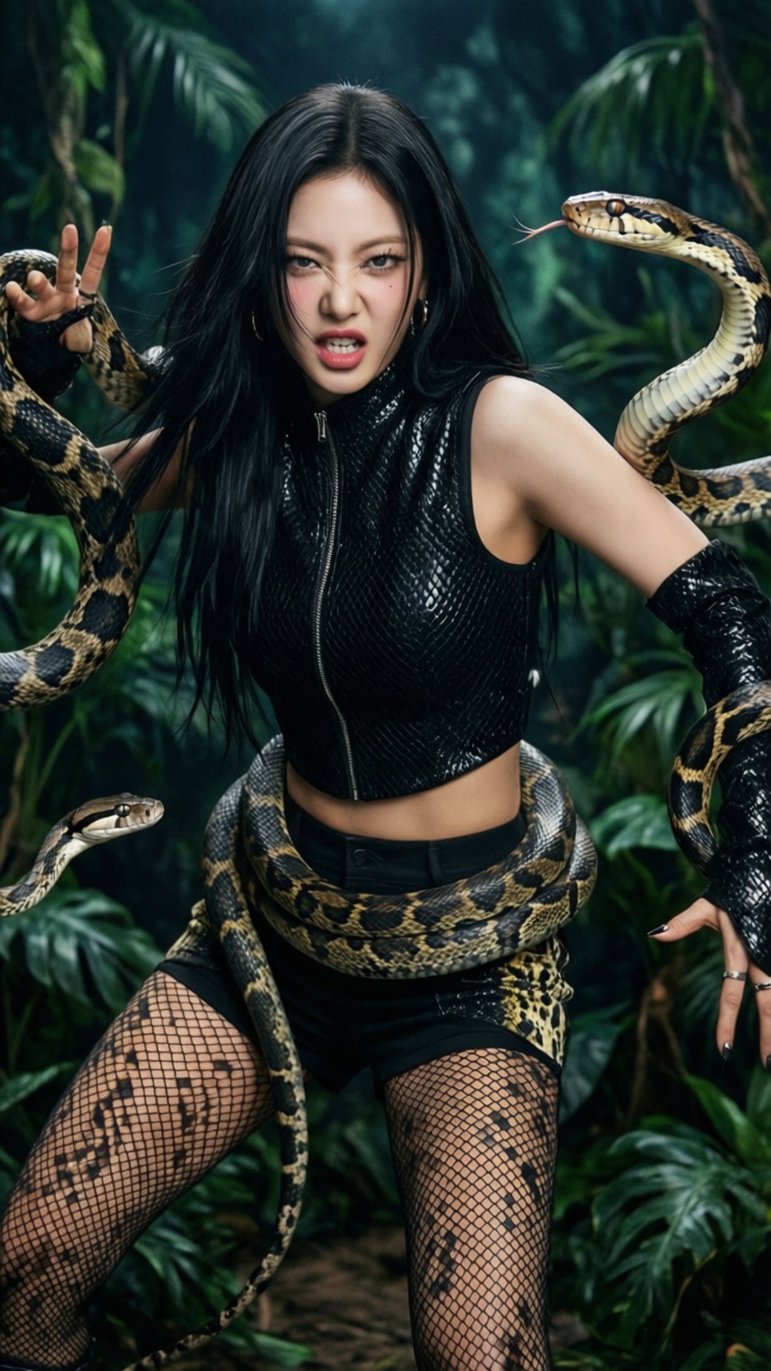 Black Mamba Karina 壁紙 — 一位身穿黑色皮革和魚網的兇猛女性站在叢林中，周圍環繞著多條大型圖案蛇。