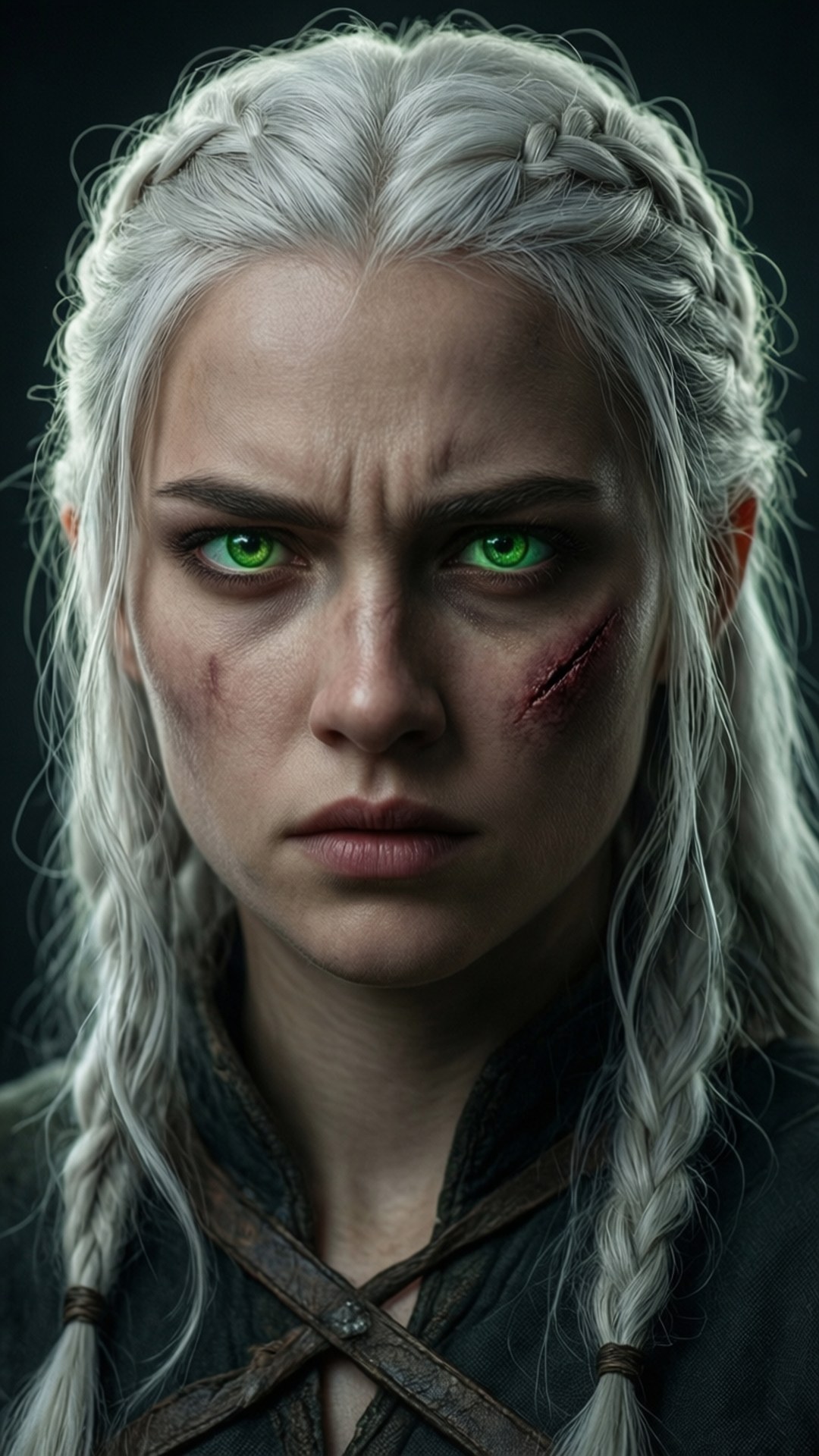Ciri 桌布 壁紙 — 一位兇猛的女人，銀色辮子頭髮和發光的綠色眼睛，臉上帶有疤痕，凝視著。