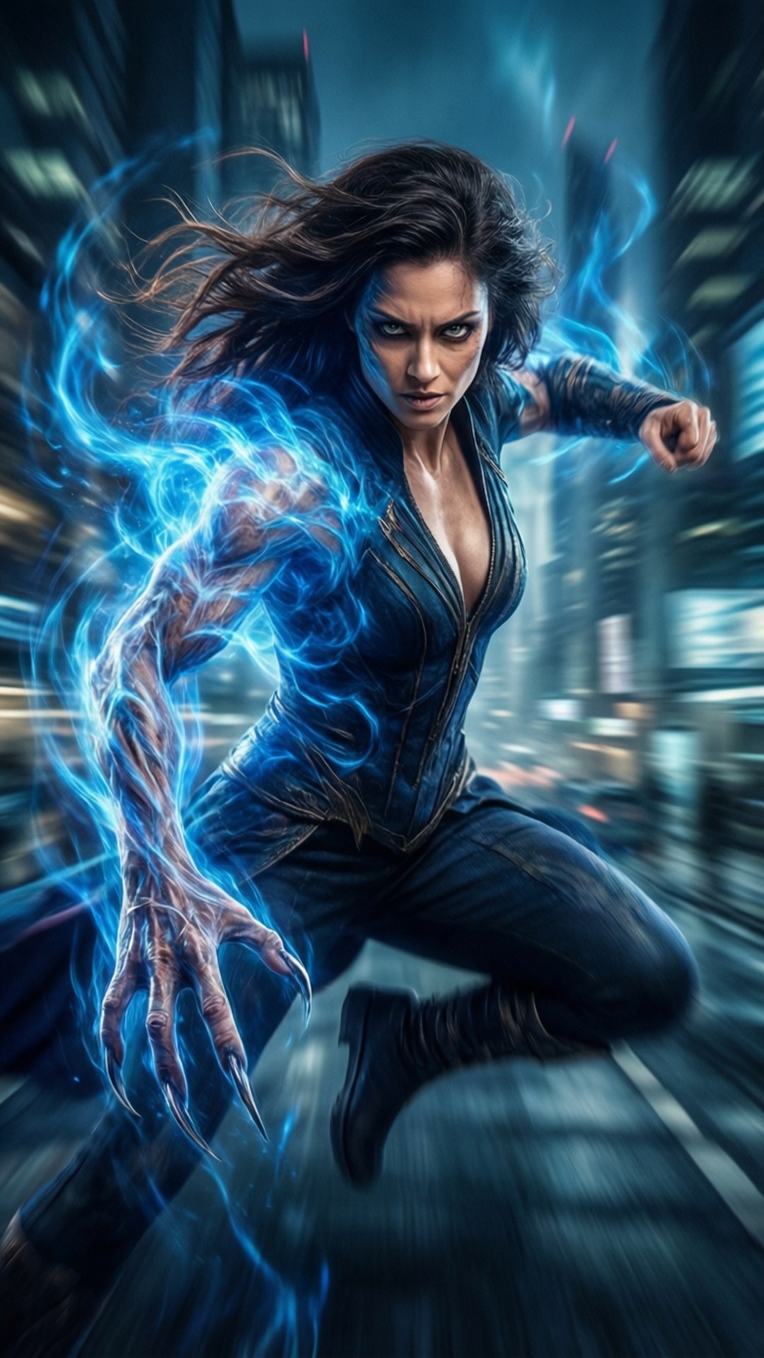 Morphing Fury 壁紙 — 一個兇猛的女人，四肢流動著發光的藍色能量，在模糊的霓虹城市景觀中衝刺。