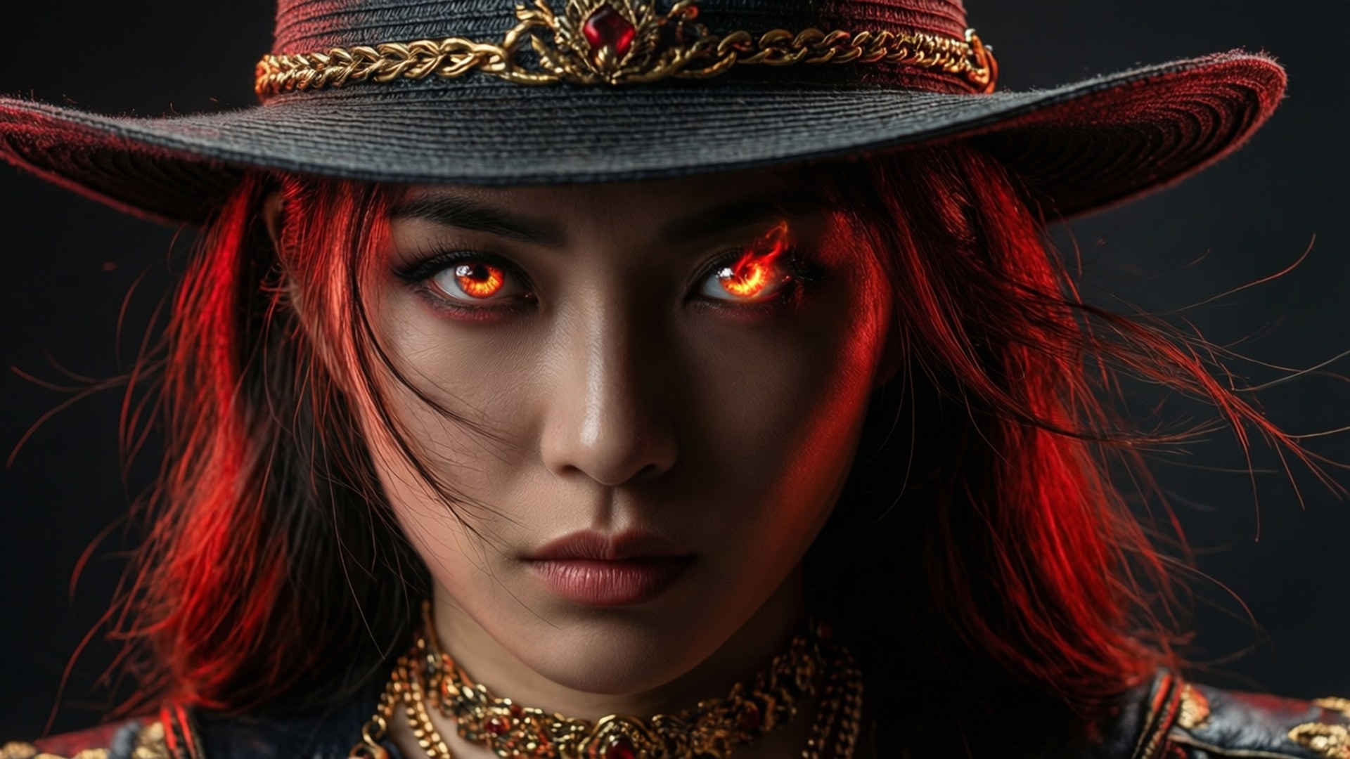 Yanfei 桌布 壁紙 — 一位眼神兇猛、擁有發光紅眼和火紅頭髮的女性，在深色背景下戴著華麗的帽子和黃金首飾。