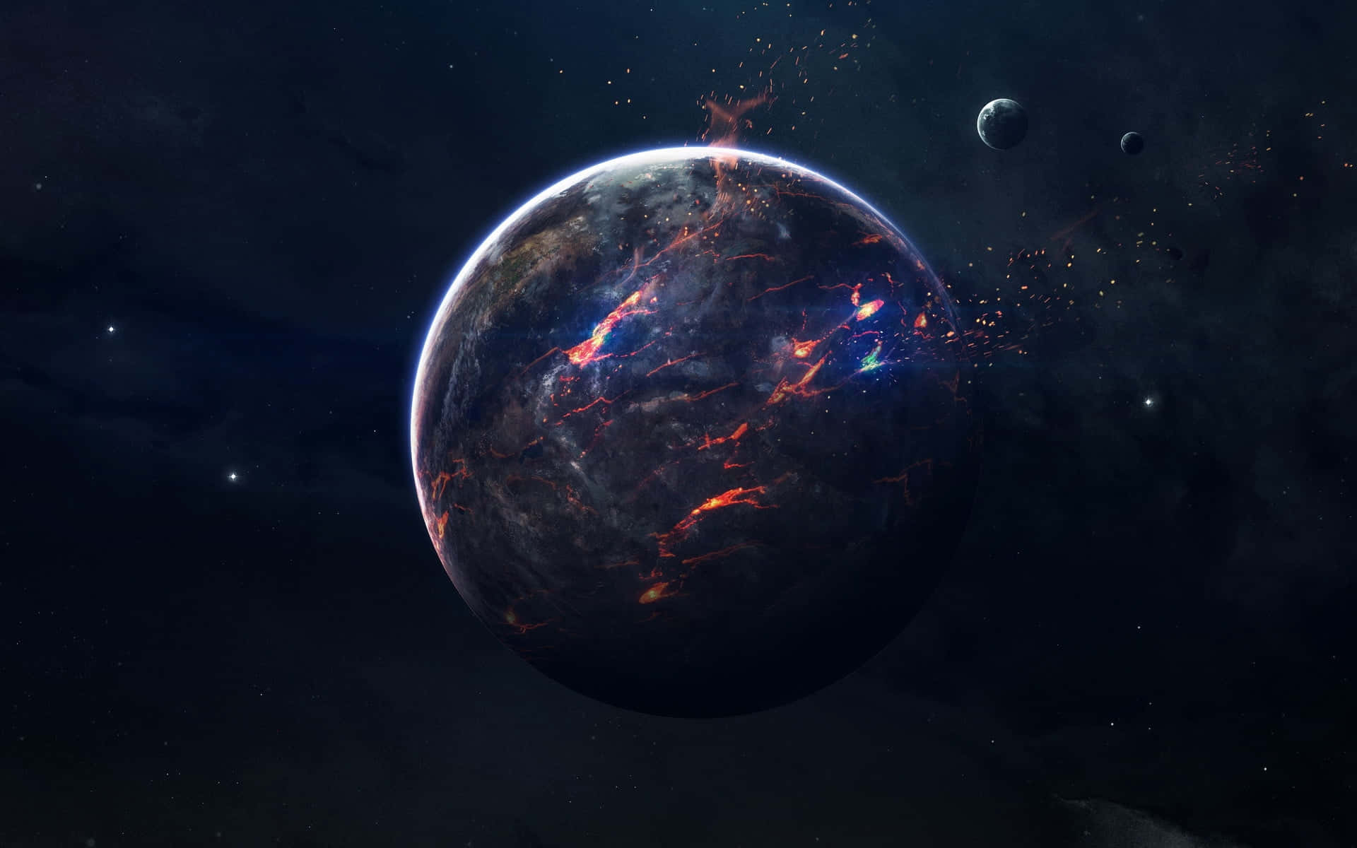  壁紙 — 一顆熾熱的外星行星在星光熠熠的宇宙背景下噴發著發光的熔岩河流，遠方有衛星。