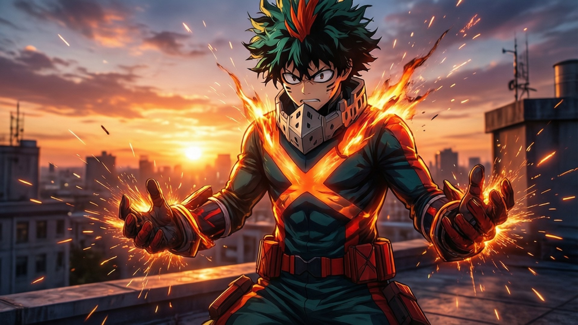Bakugou at Sunset 壁紙 — 一個火熱的動漫英雄，綠色頭髮，發光的雙手，站在城市屋頂上，夕陽下，火花四濺，他正在引導力量。