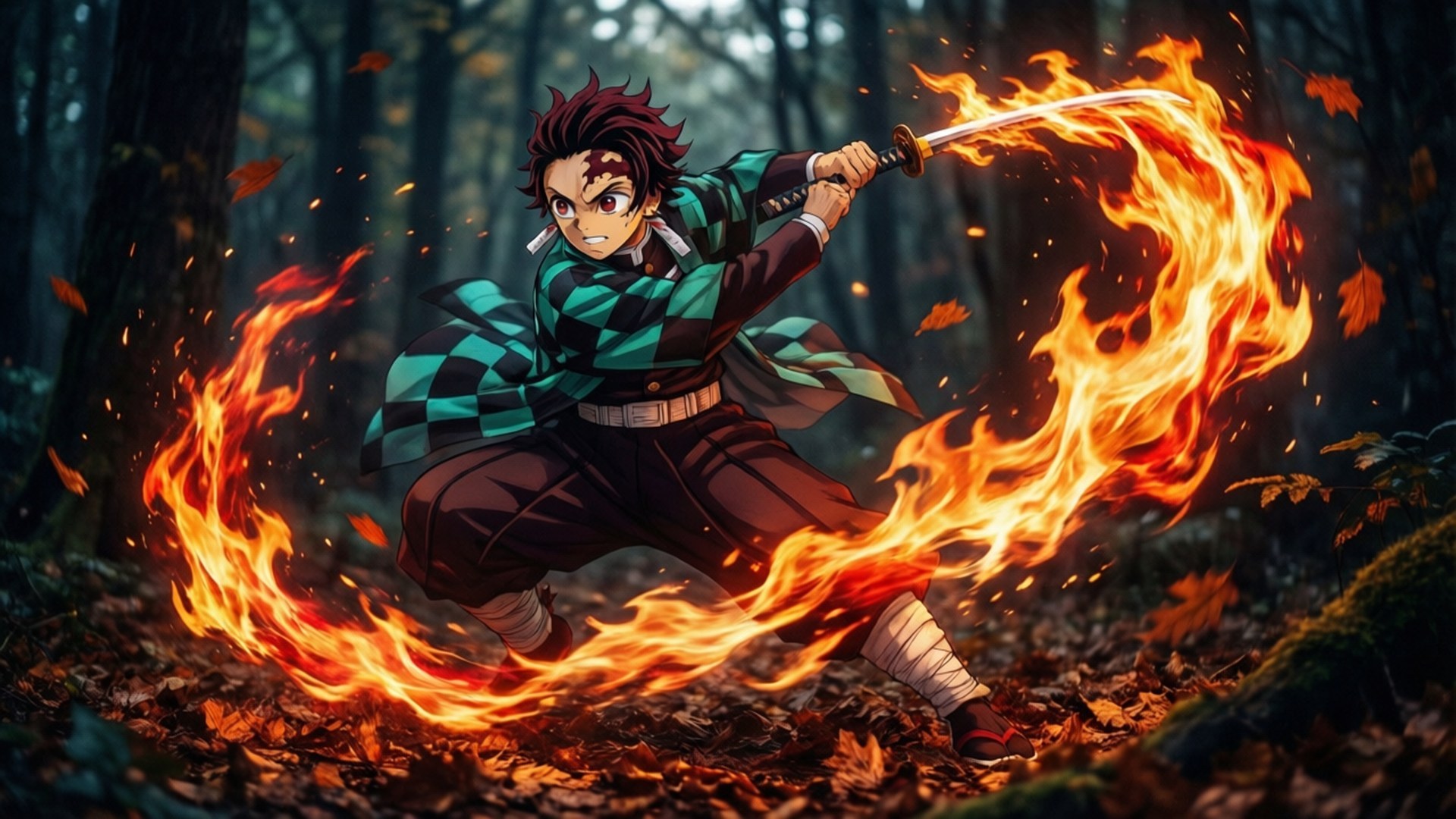 Forest Fire Dance 壁紙 — 一位身穿綠色格子羽織的熾熱動漫戰士，在黑暗的森林中劈開秋葉，他的劍後拖曳著熾熱的橙色火焰。