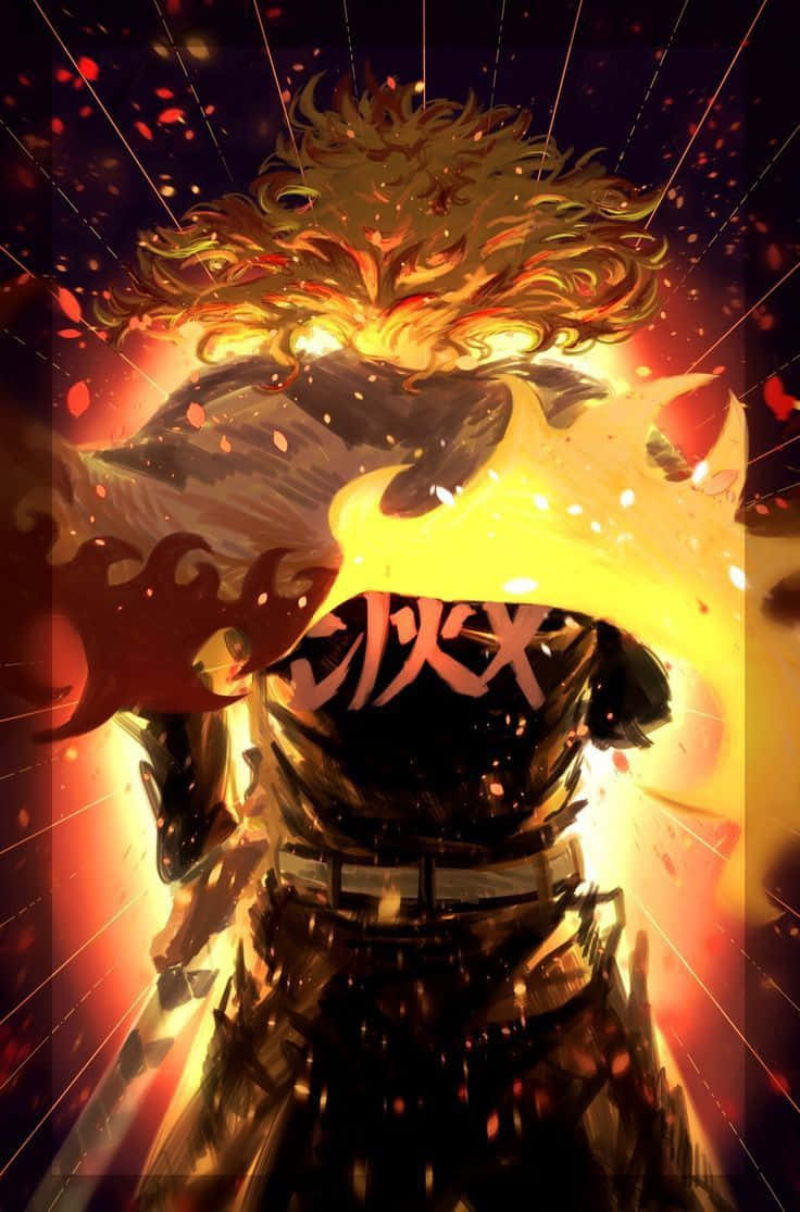  壁紙 — 一位火熱的動漫戰士，擁有發光的頭髮和熾熱的光環，在黑暗背景中強力站立，紅色花瓣飛舞。