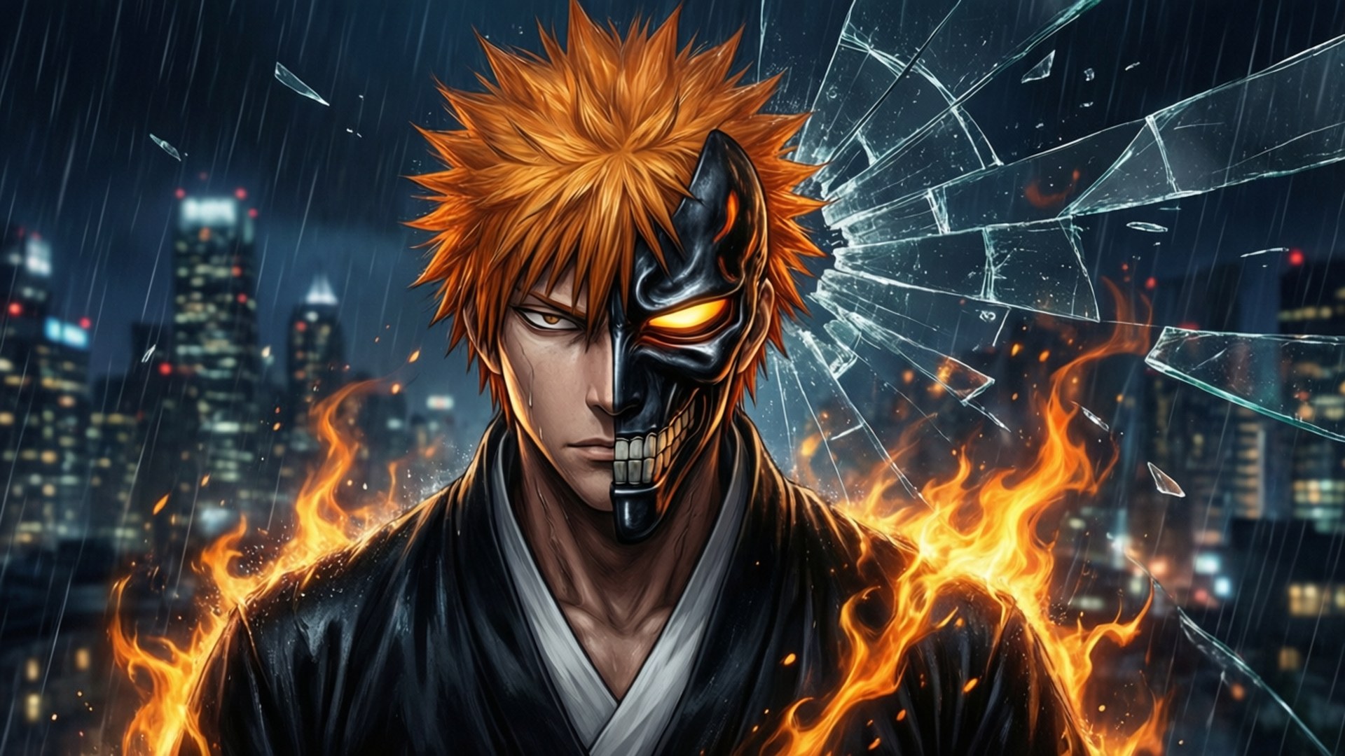 Hollow's Fusion Ichigo 壁紙 — 一個帶有半面具和尖刺橙色頭髮的火熱動漫戰士，站在破碎的玻璃前，背景是下雨的霓虹城市景觀。