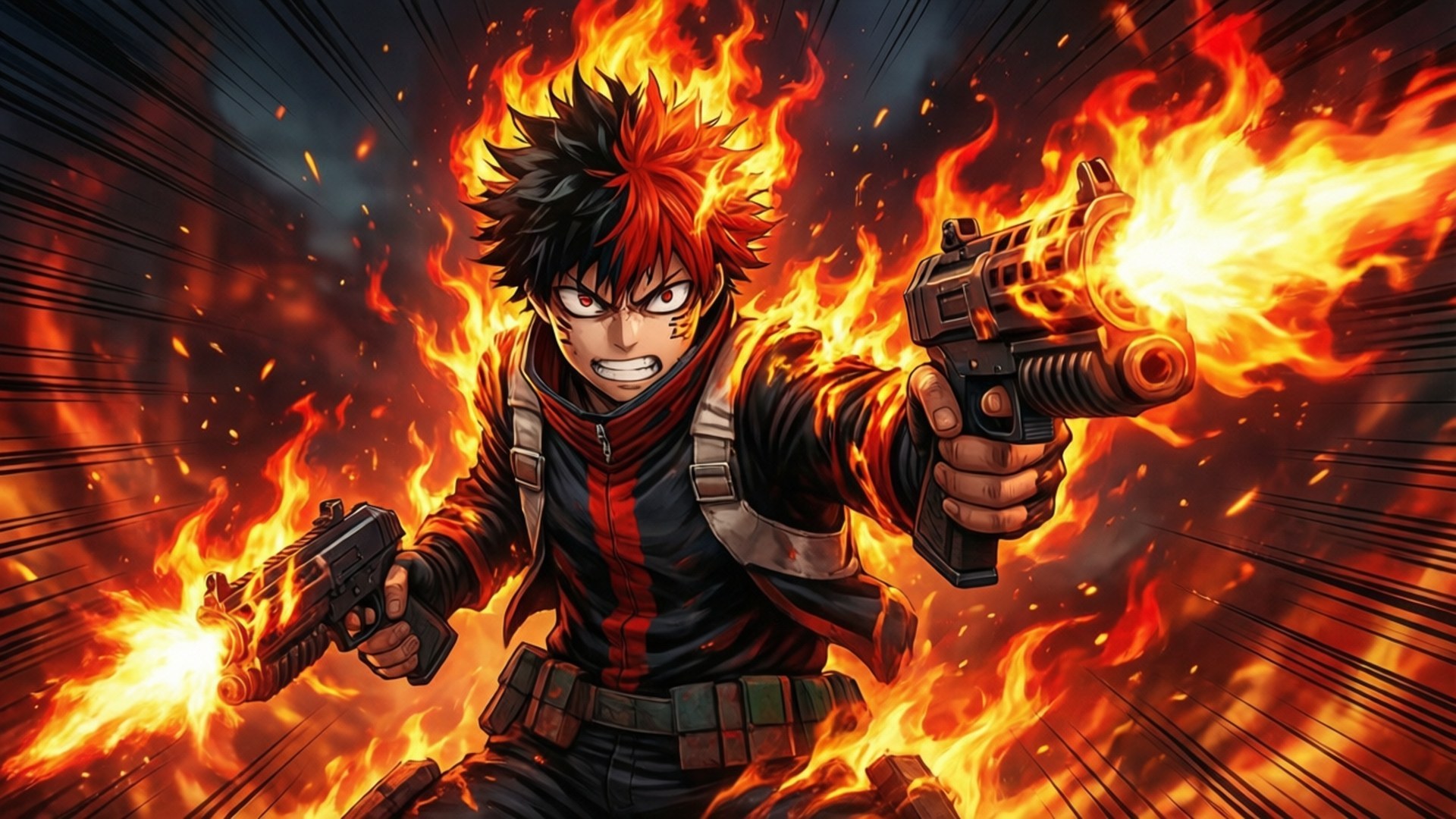 Blazing Arms 壁紙 — 一個火熱的動漫戰士，擁有尖刺的紅色和黑色頭髮，發射兩把燃燒的槍，周圍是爆炸性的火焰和運動線條。