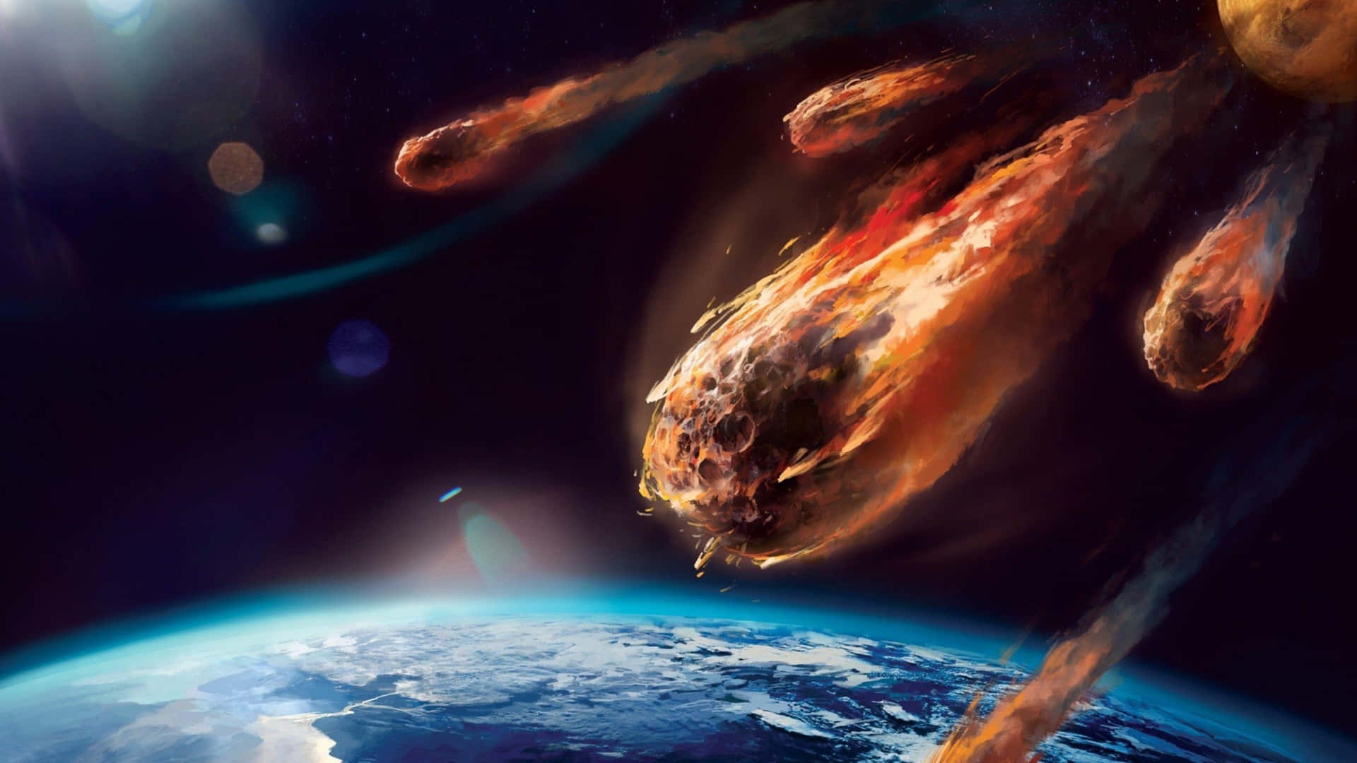  壁紙 — 一團熾熱的小行星群在星光宇宙背景和鏡頭光暈中向地球飛馳。