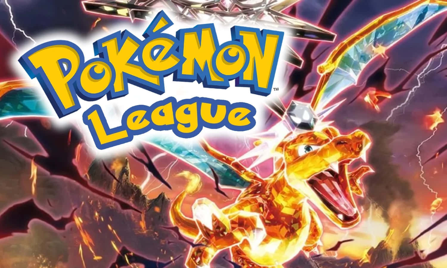 Pokemon League 桌布 壁紙 — 在醒目的寶可夢聯盟標誌下，一隻火熱的噴火龍在閃電和破碎的水晶中咆哮。