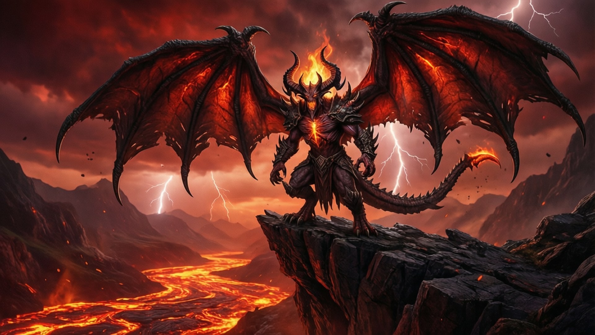 Diablo Lord of Terror 壁紙 — 一隻火熱的惡魔龍，擁有發光的眼睛和巨大的翅膀，棲息在懸崖頂上，俯瞰著暴風雨紅天下發光的熔岩河。